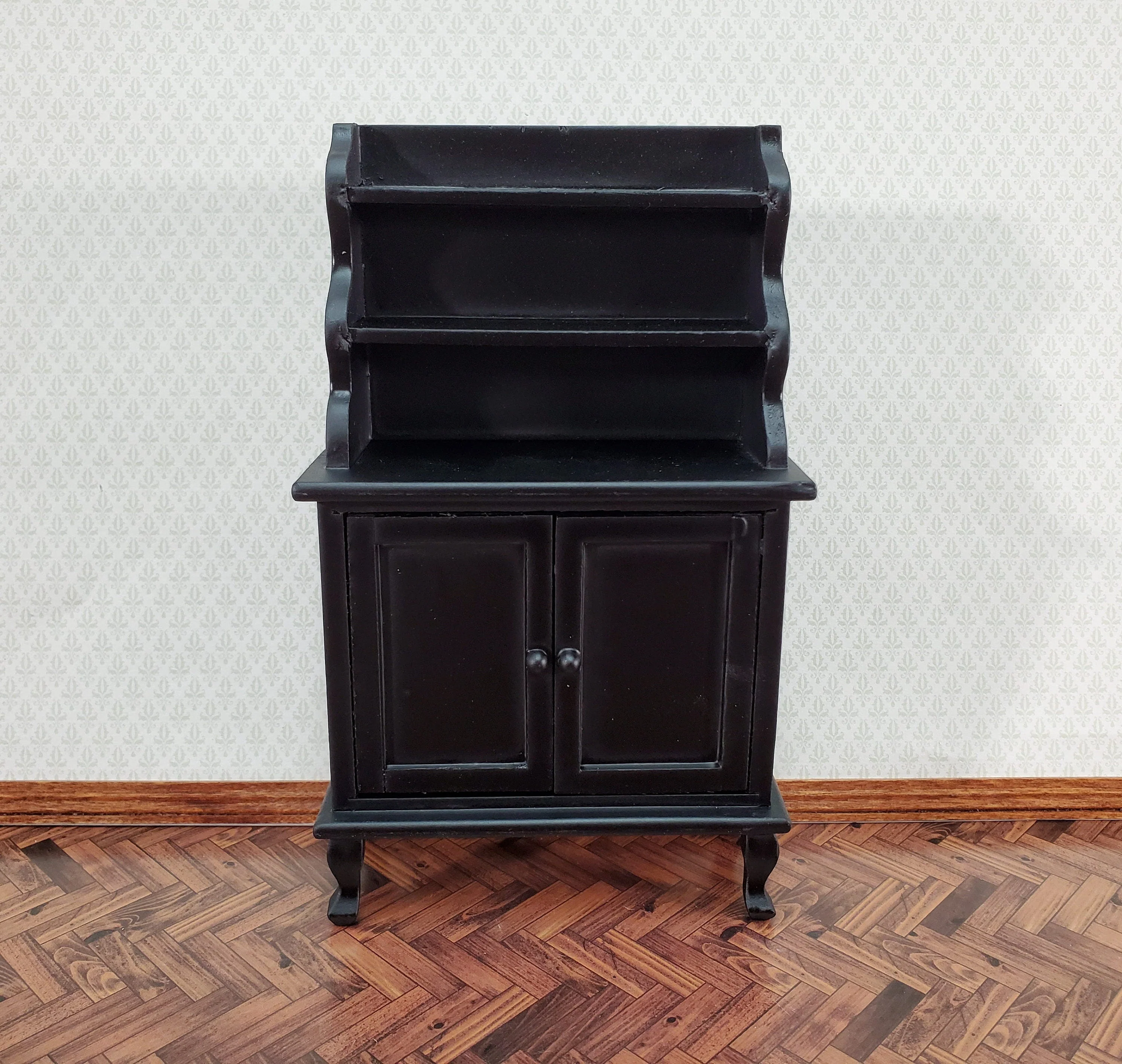 Dollhouse Tall Hutch Cabinet with Shelves Wood with a Black Finish 1:12 Scale Miniature Furniture - Image 2
