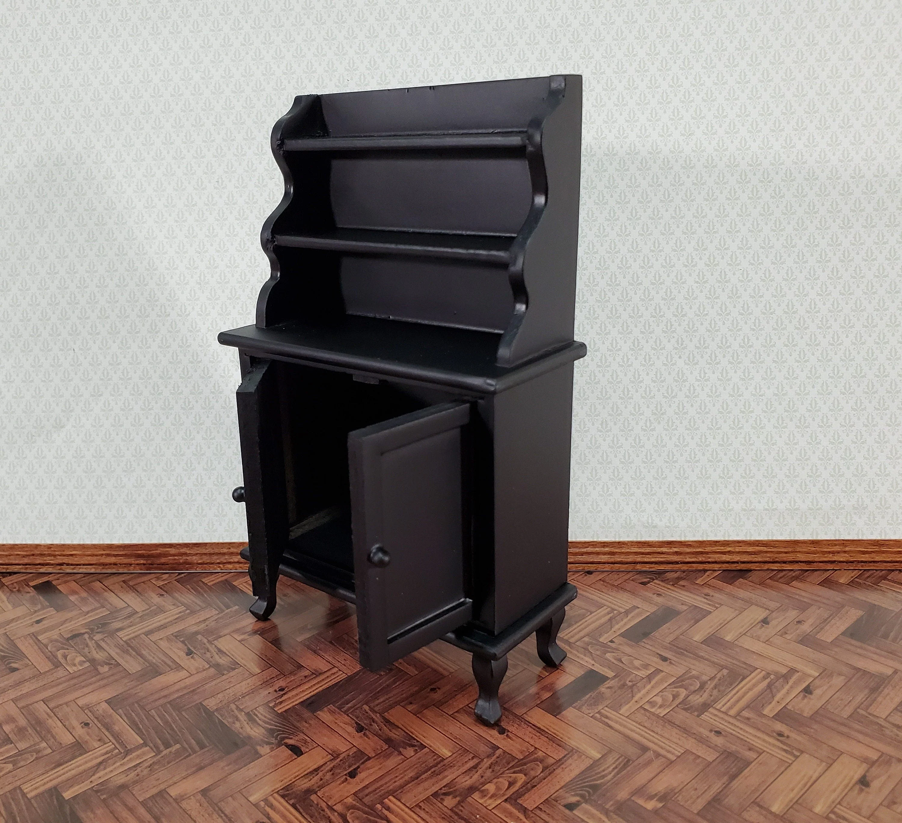 Dollhouse Tall Hutch Cabinet with Shelves Wood with a Black Finish 1:12 Scale Miniature Furniture - Image 3