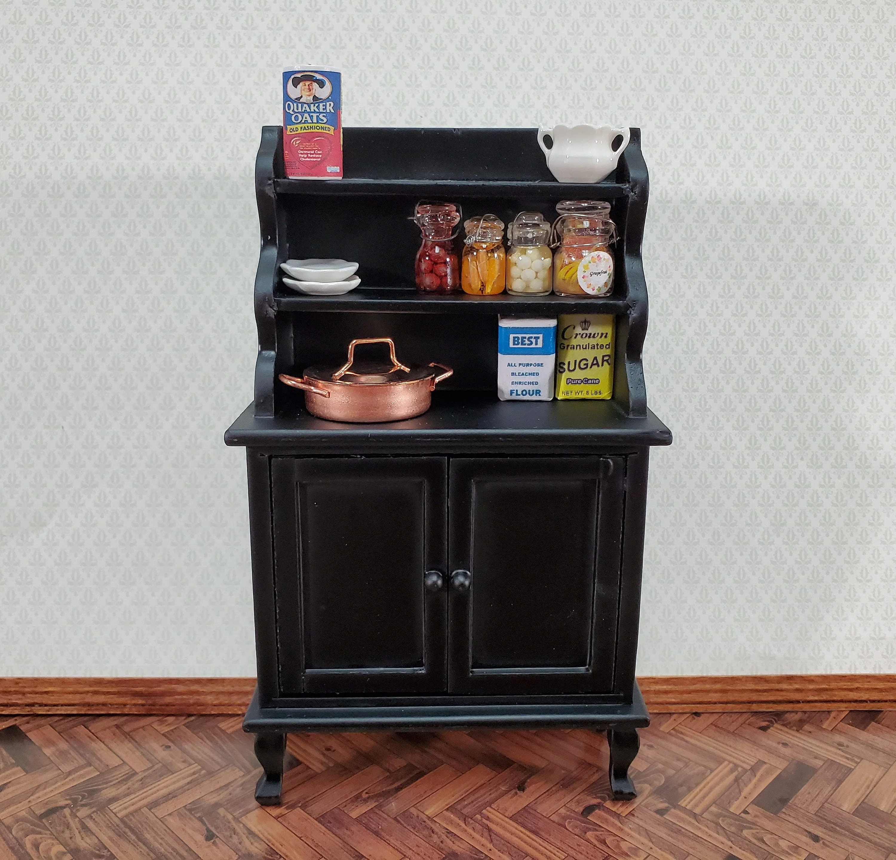 Dollhouse Tall Hutch Cabinet with Shelves Wood with a Black Finish 1:12 Scale Miniature Furniture - Image 4