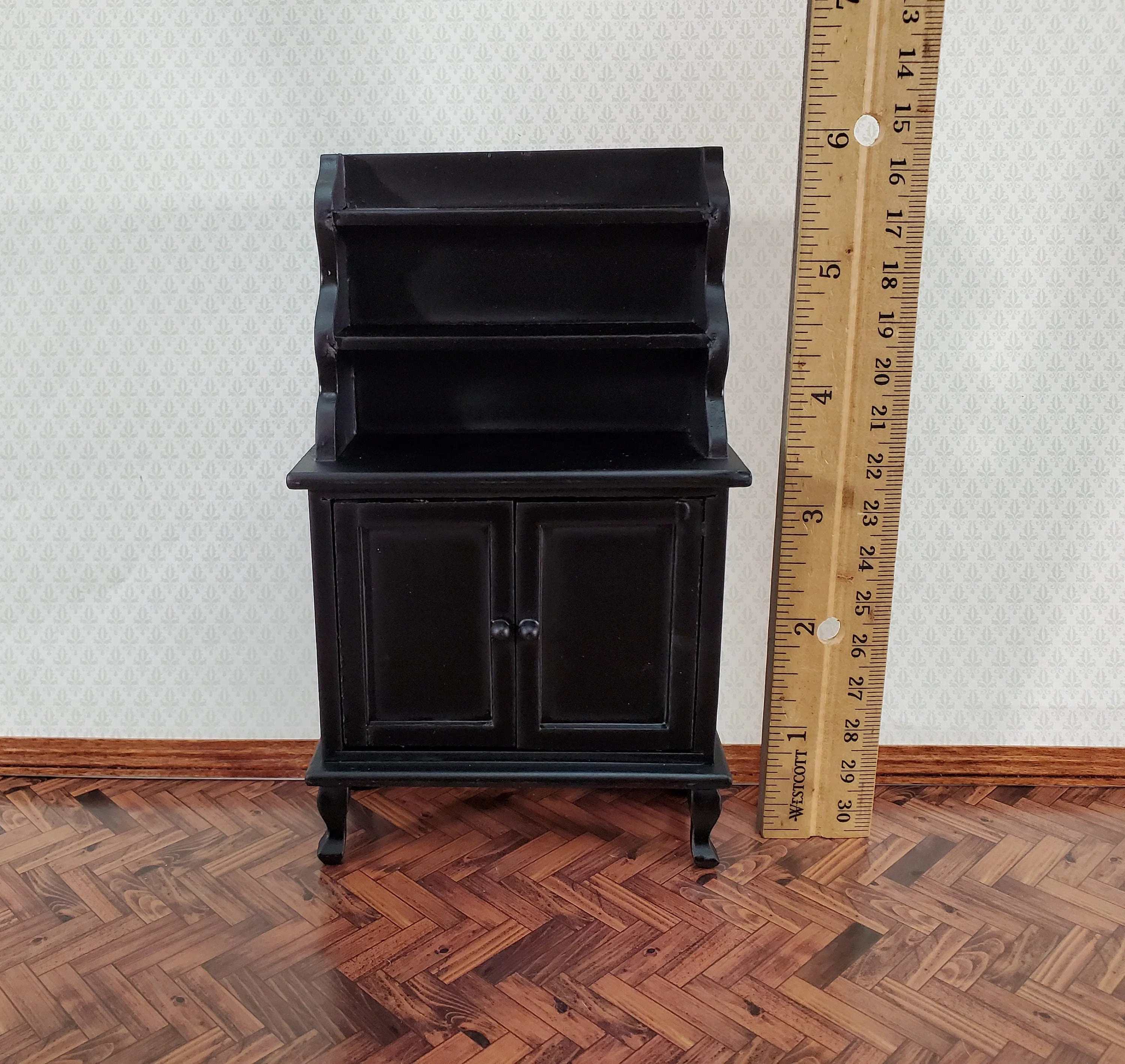Dollhouse Tall Hutch Cabinet with Shelves Wood with a Black Finish 1:12 Scale Miniature Furniture - Image 5
