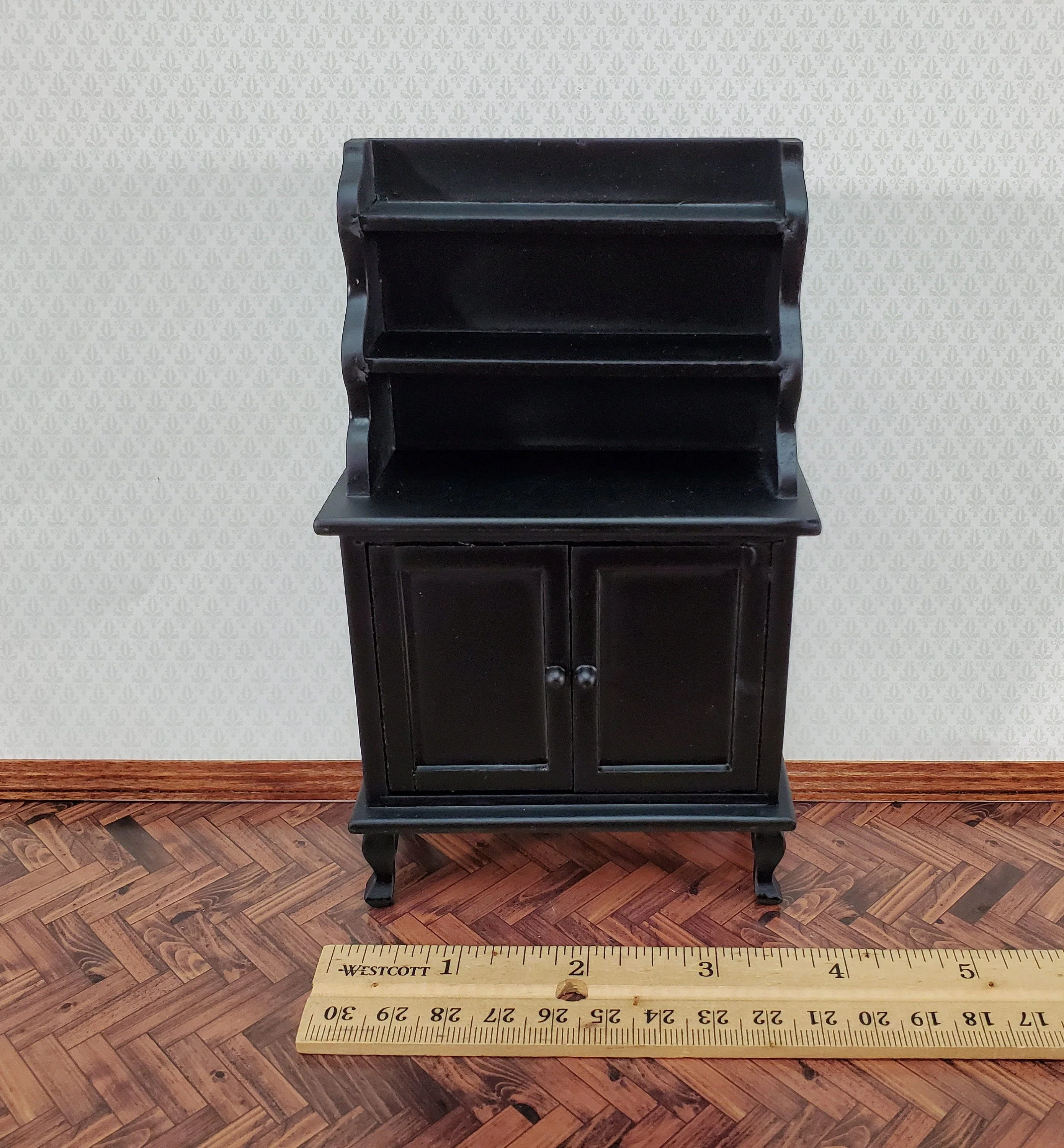 Dollhouse Tall Hutch Cabinet with Shelves Wood with a Black Finish 1:12 Scale Miniature Furniture - Image 6