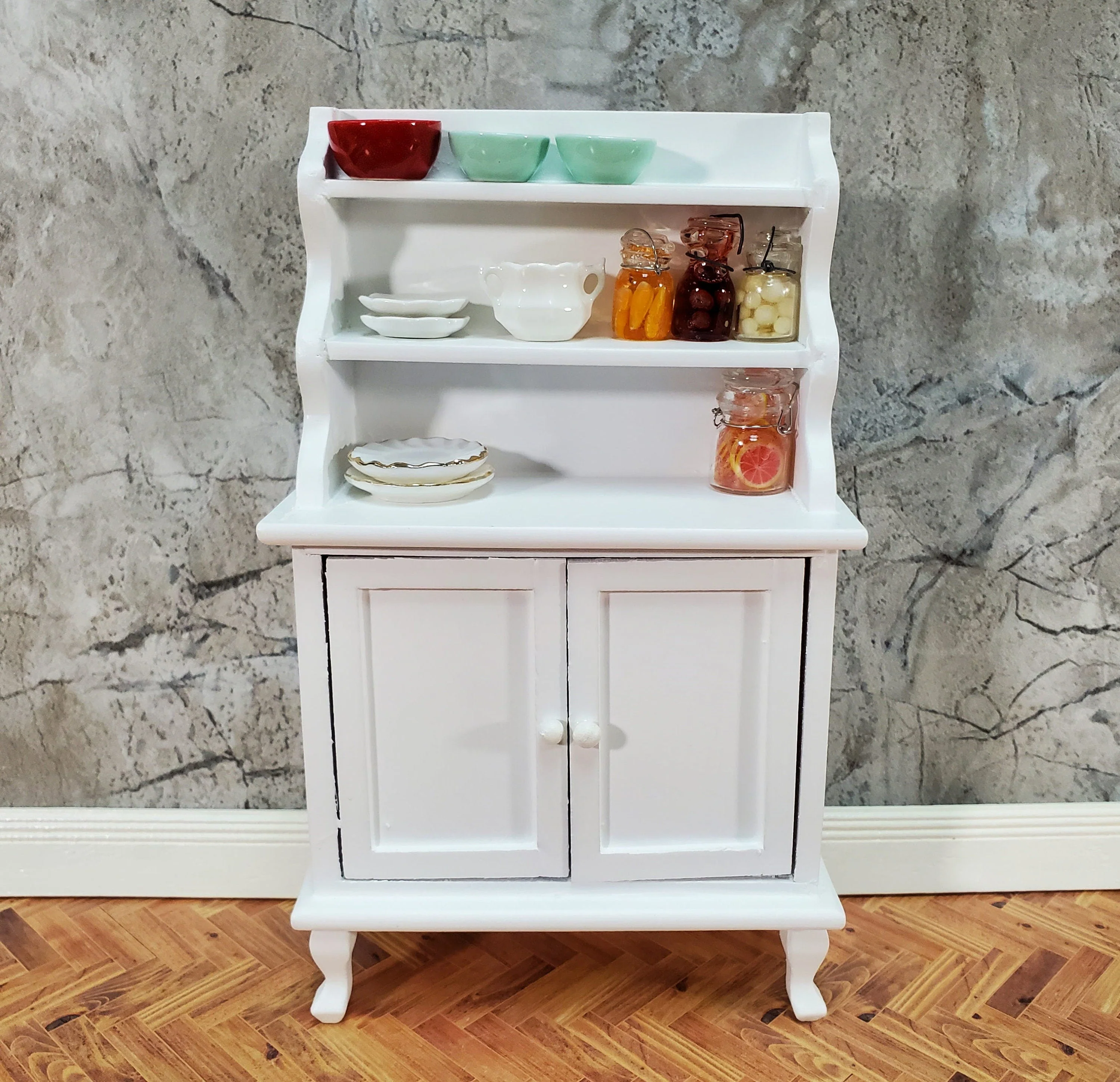 Dollhouse Tall Hutch Cabinet with Shelves Wood with a White Finish 1:12 Scale Miniature Furniture - Image 3