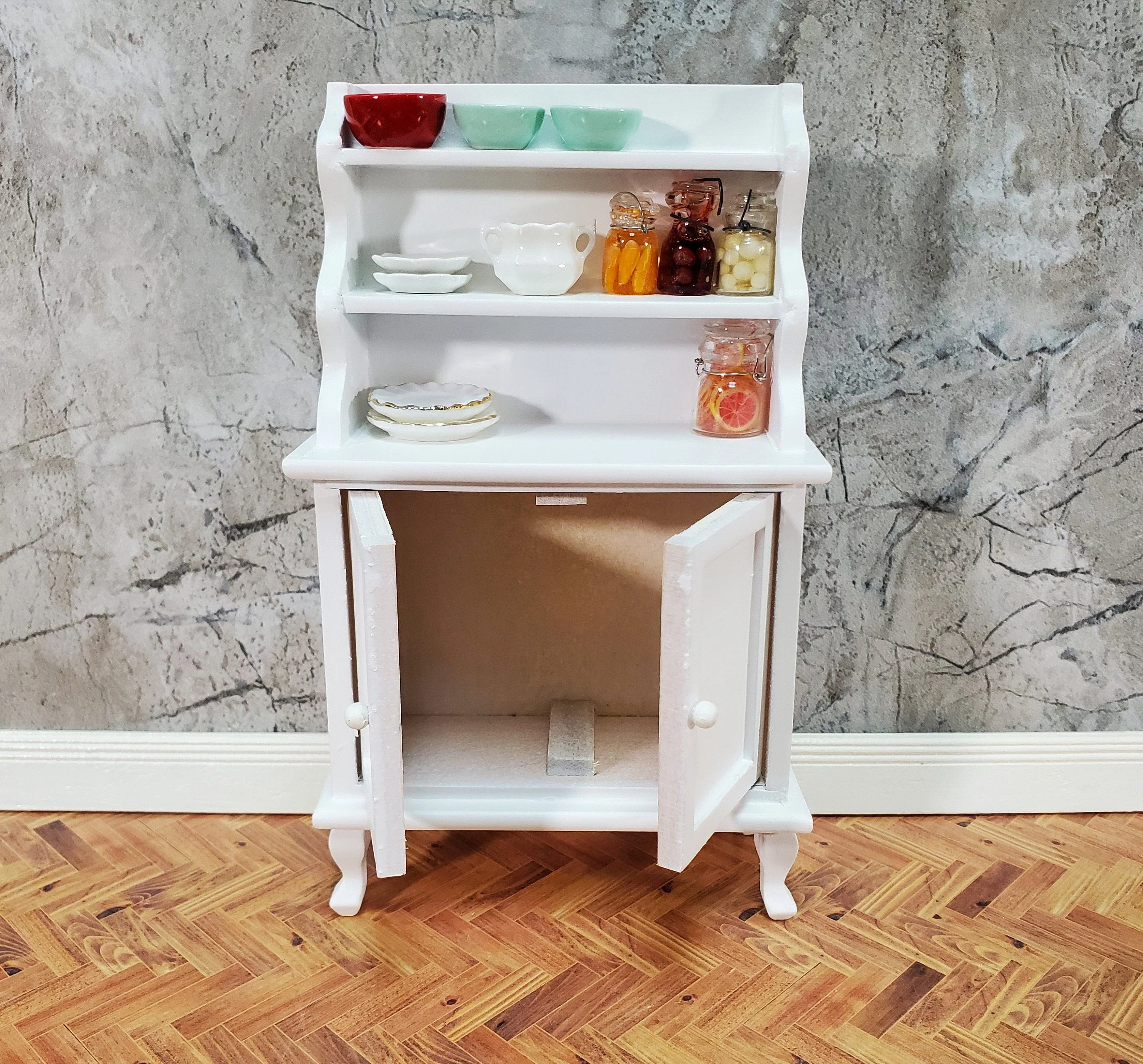 Dollhouse Tall Hutch Cabinet with Shelves Wood with a White Finish 1:12 Scale Miniature Furniture - Image 4