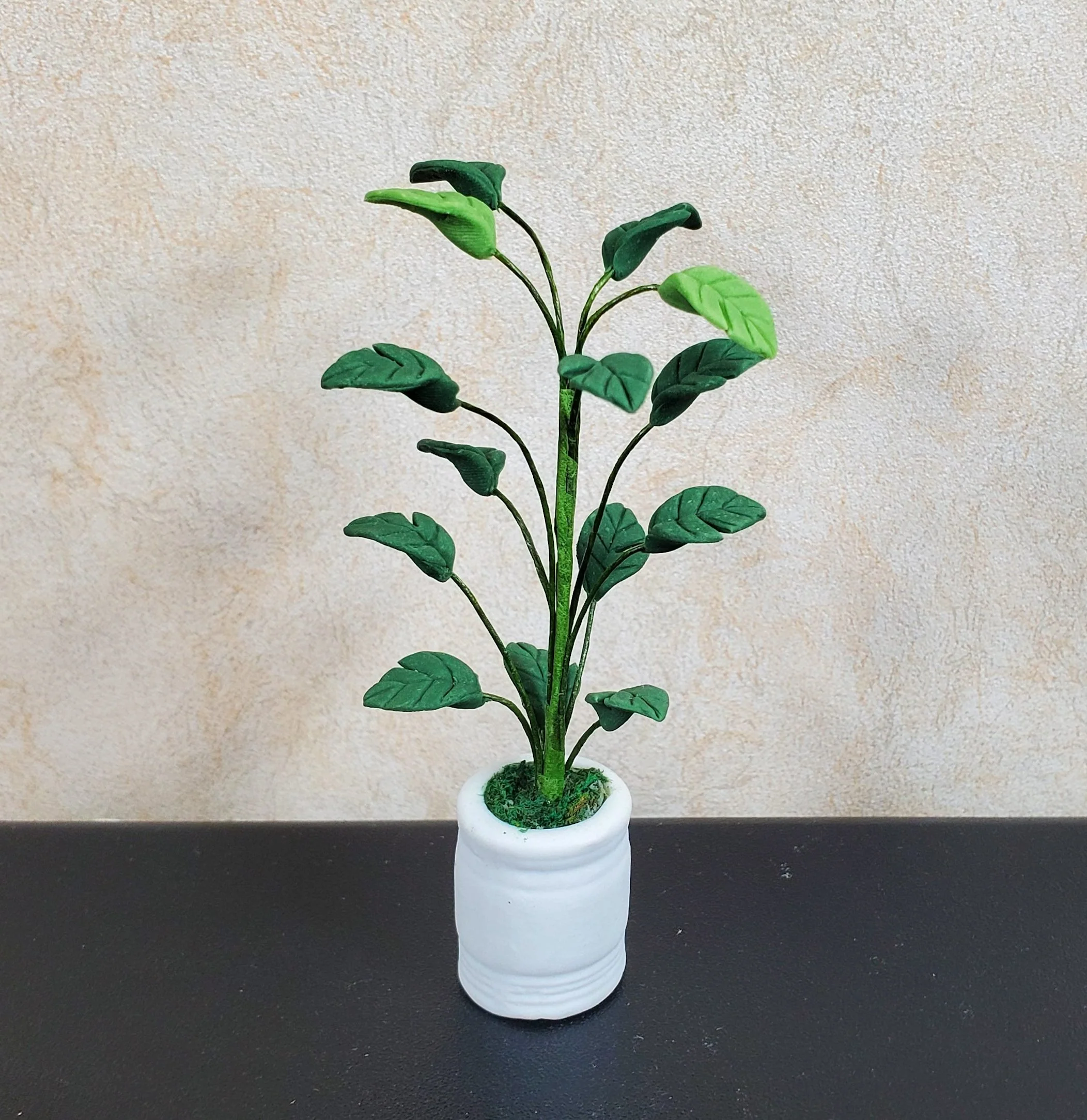 Dollhouse Tall Potted Medium Leaf Palm in a White Clay Pot 1:12 Scale Miniature