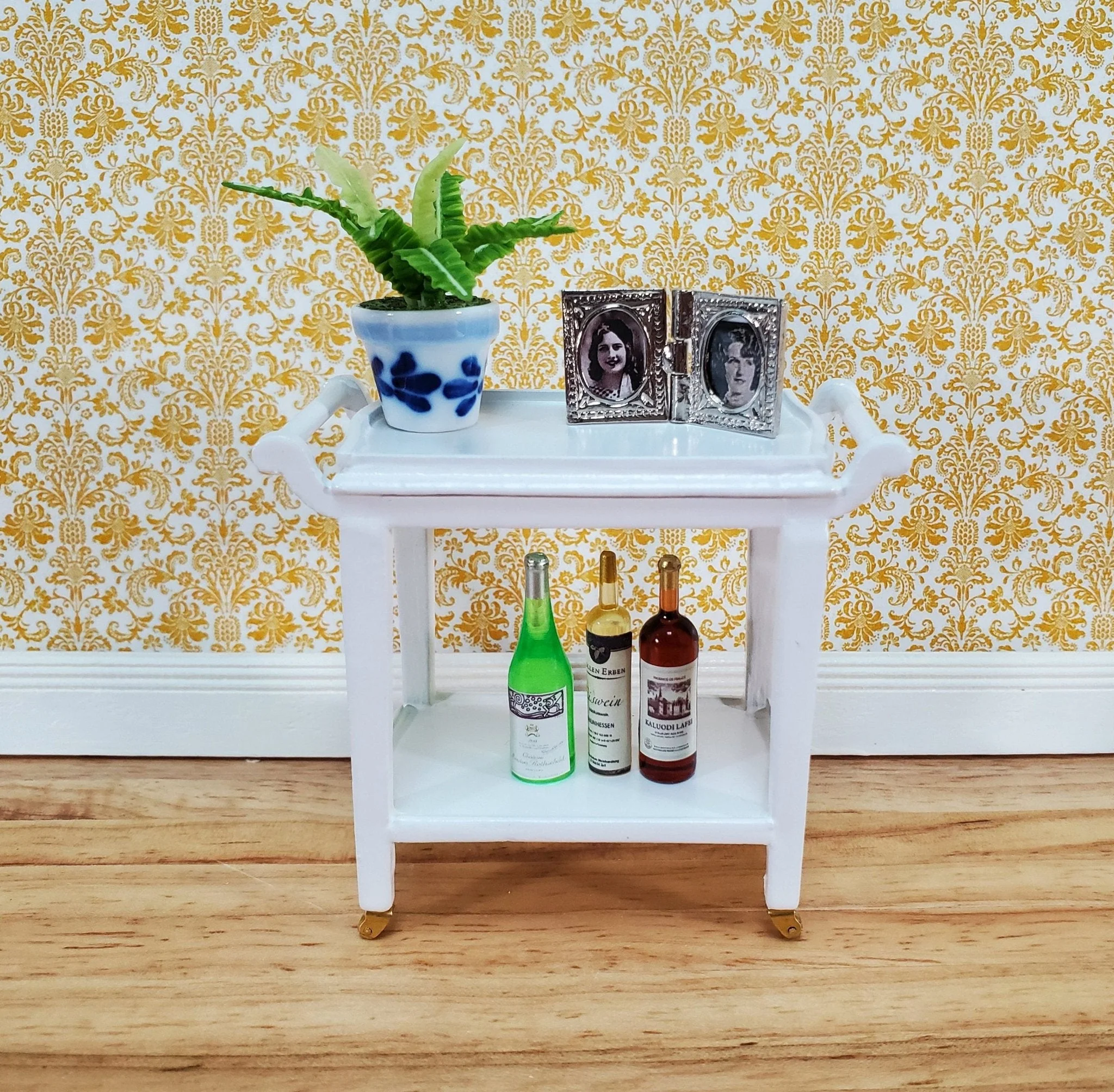 Dollhouse Tea Cart Two Tiered Serving Trolley White Wood with Wheels 1:12 Scale Miniature - Image 4