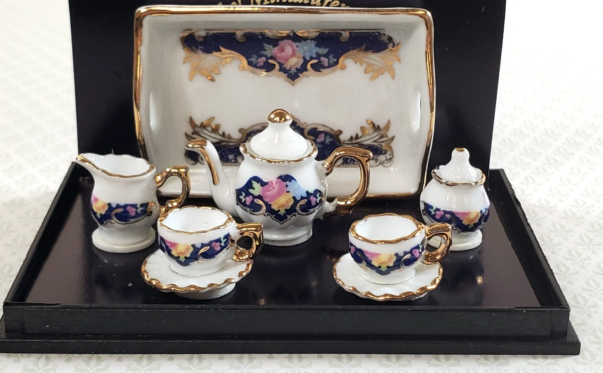 Dollhouse Tea Set Reutter Porcelain Royal Blue 1:12 Scale Teapot Cups Creamer - Image 3