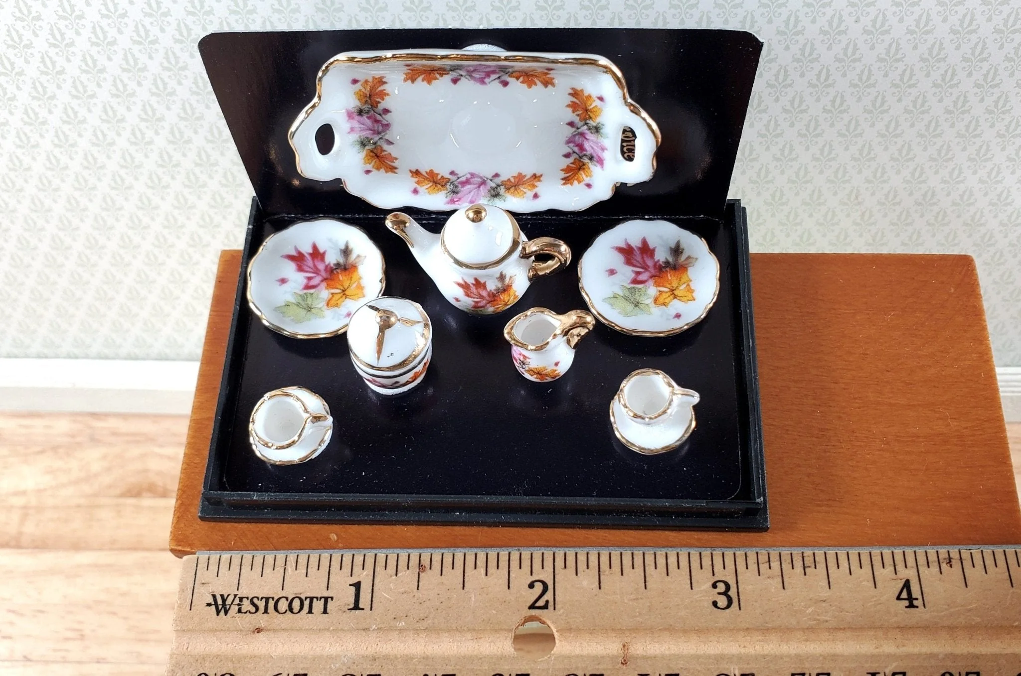 Dollhouse Tea Set Thanksgiving Leaves Reutter Porcelain 1:12 Scale Teapot Cups Cream Sugar - Image 4