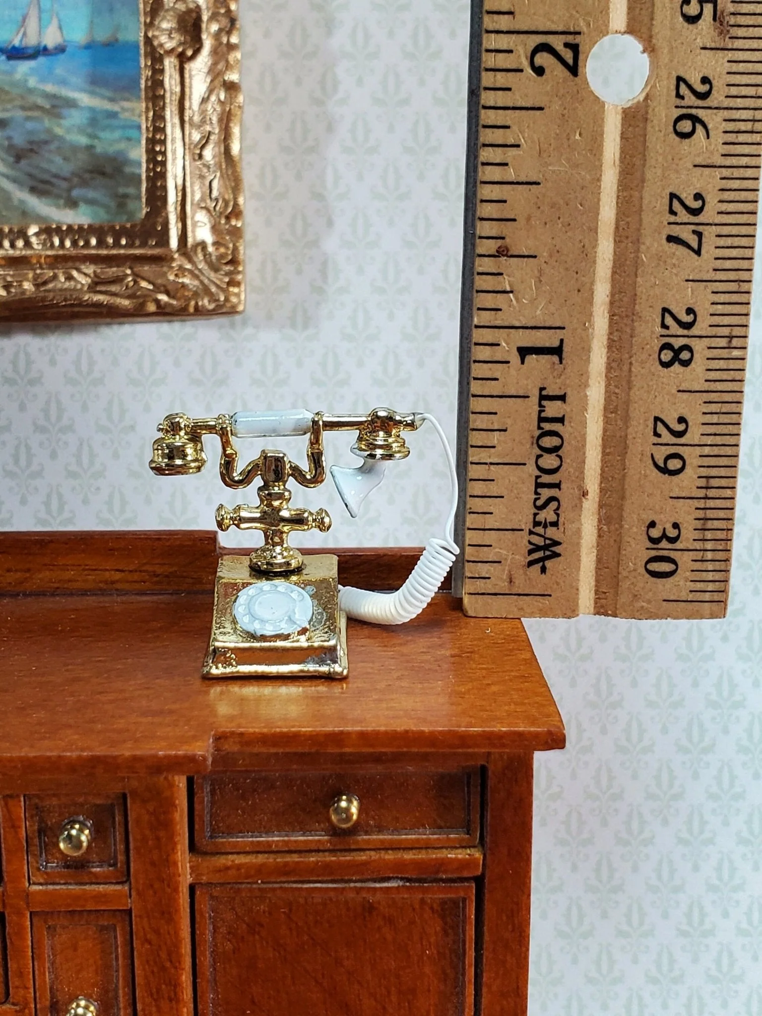 Dollhouse Telephone Vintage Style 1890s - 1920s Gold 1:12 Scale Miniature Phone - Image 4