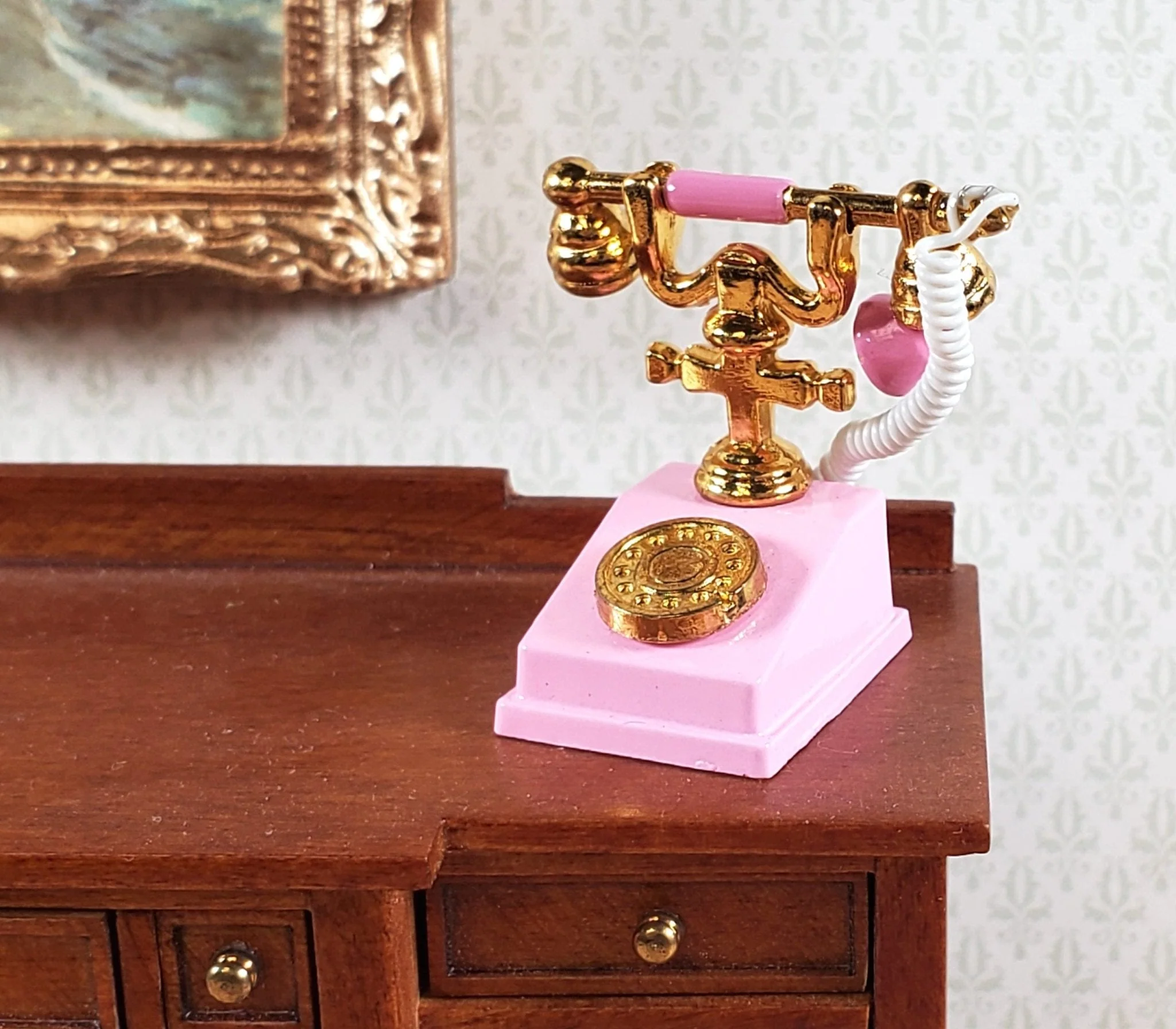 Dollhouse Telephone Vintage Style PINK 1890s - 1920s 1:12 Scale Miniature Phone