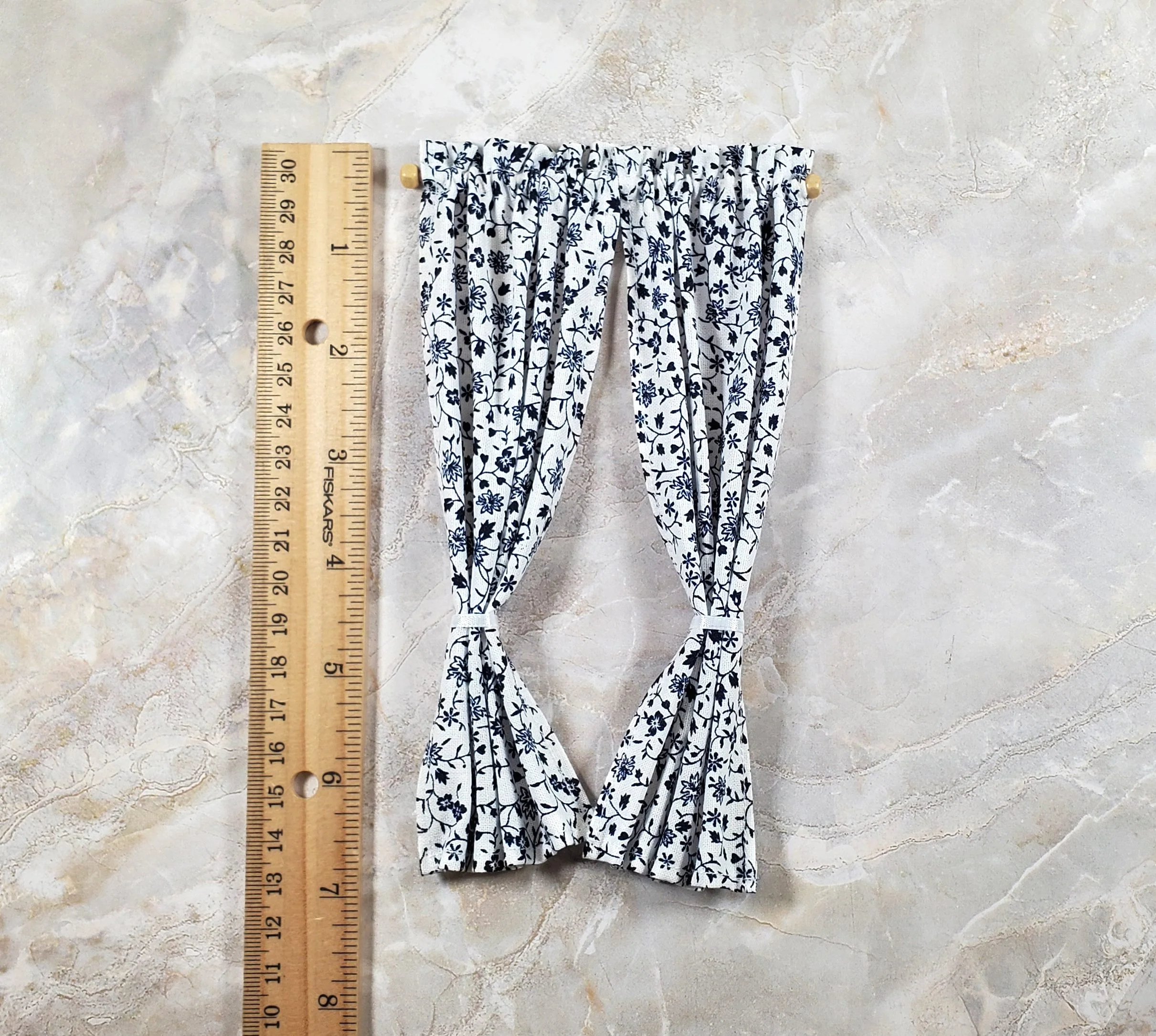 Dollhouse Tie Back Curtains Navy Blue White Floral 1:12 Scale Handmade - Image 2
