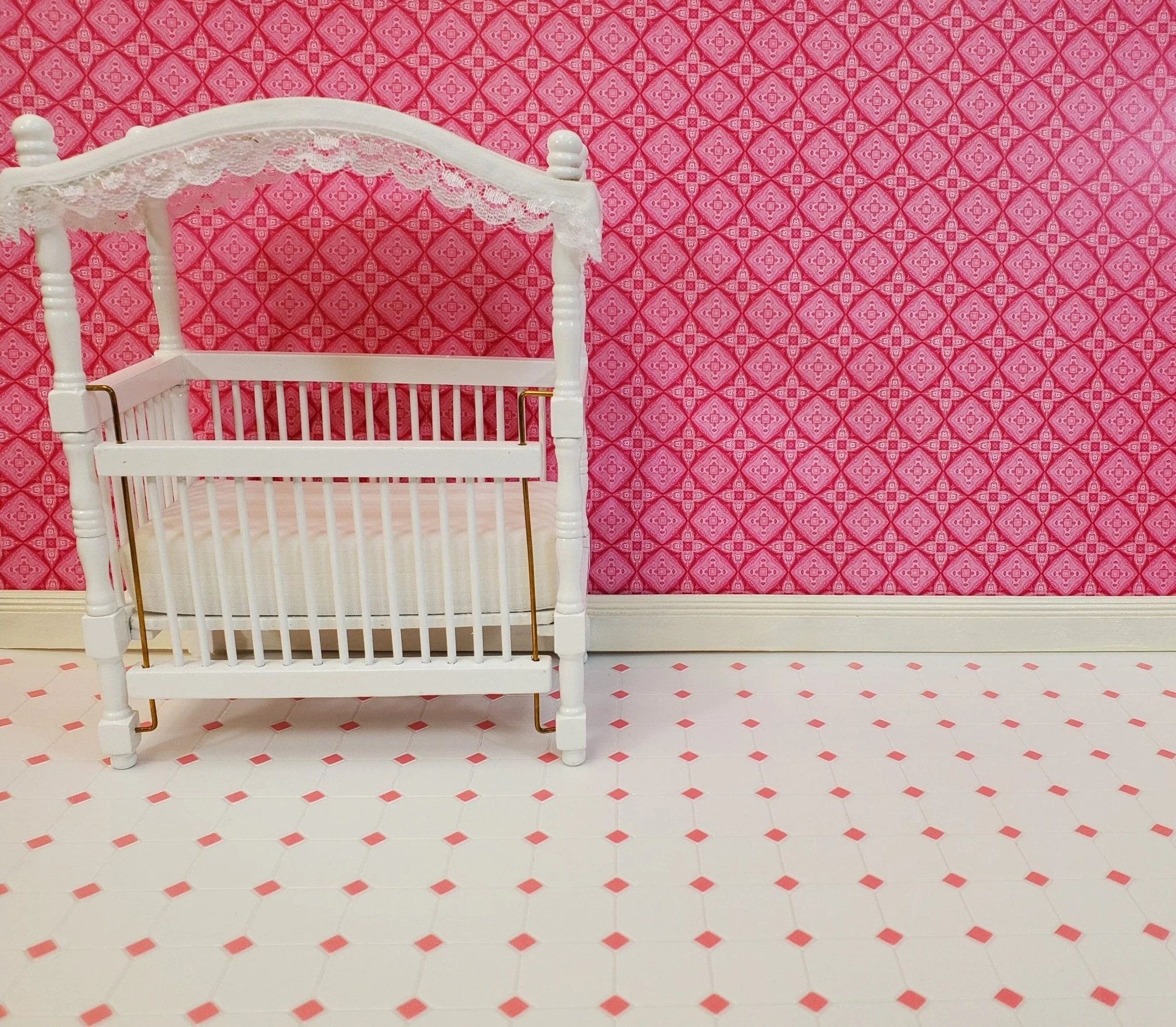 Dollhouse Tile Flooring White with Pink Diamonds Embossed 1:12 Scale Miniature - Image 3