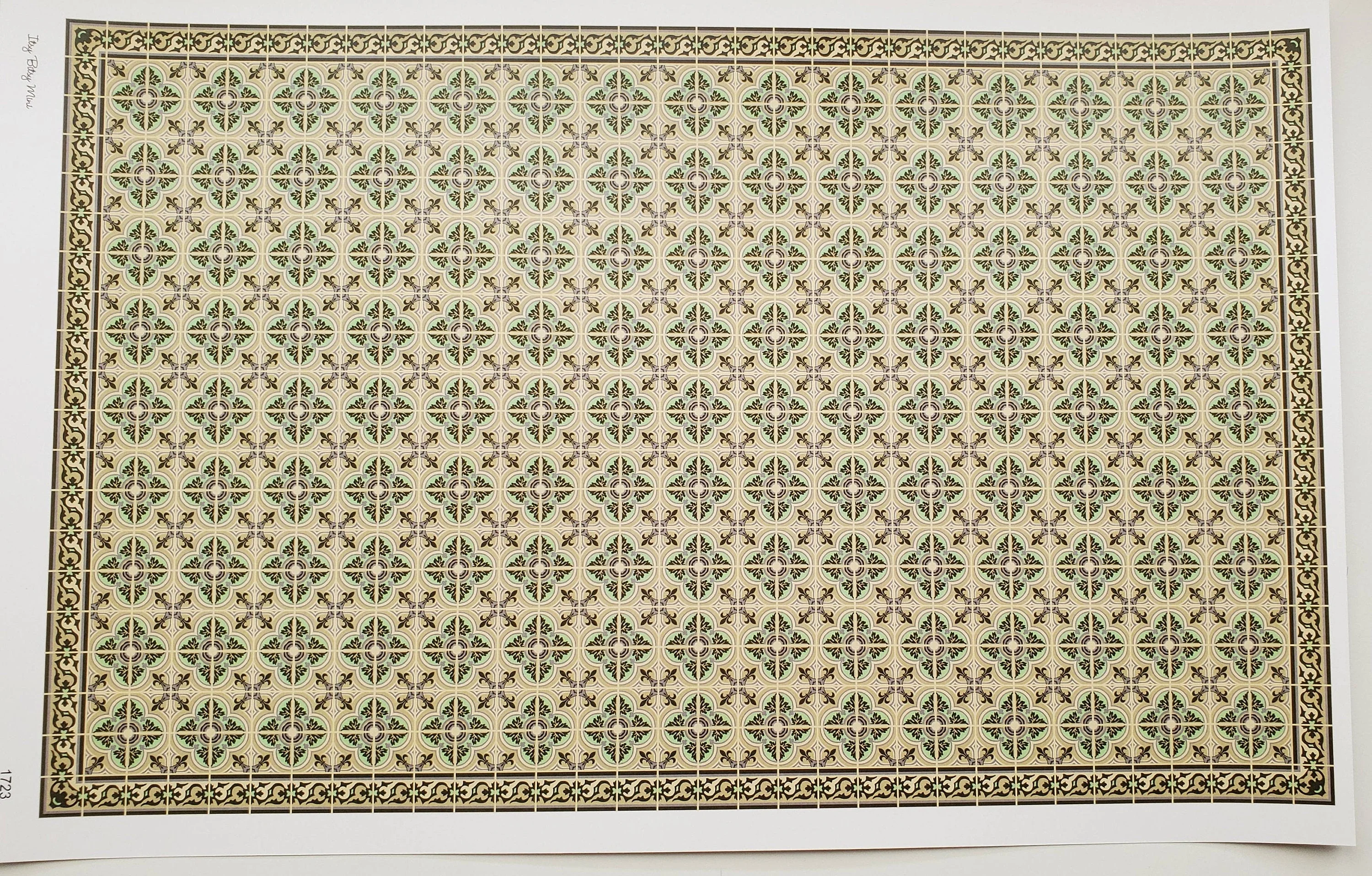 Dollhouse Tile Wallpaper Victorian Beige, Green 1:12 Scale Itsy Bitsy Miniature - Image 2