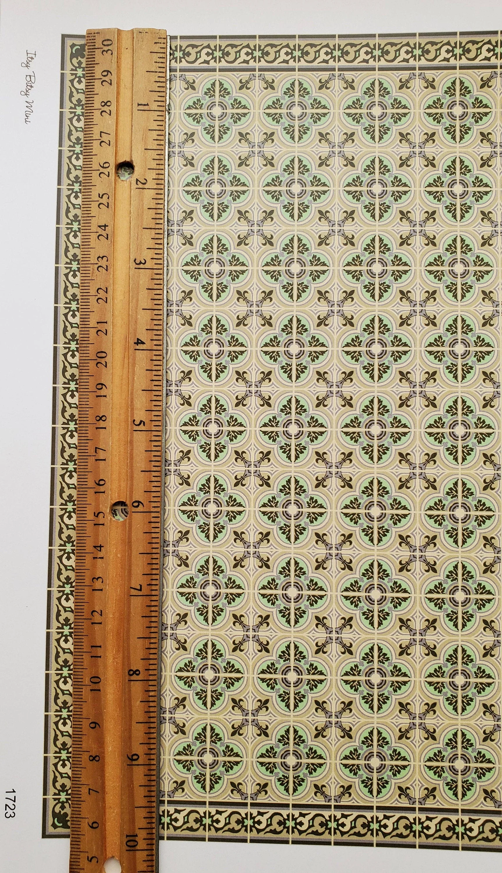 Dollhouse Tile Wallpaper Victorian Beige, Green 1:12 Scale Itsy Bitsy Miniature - Image 4