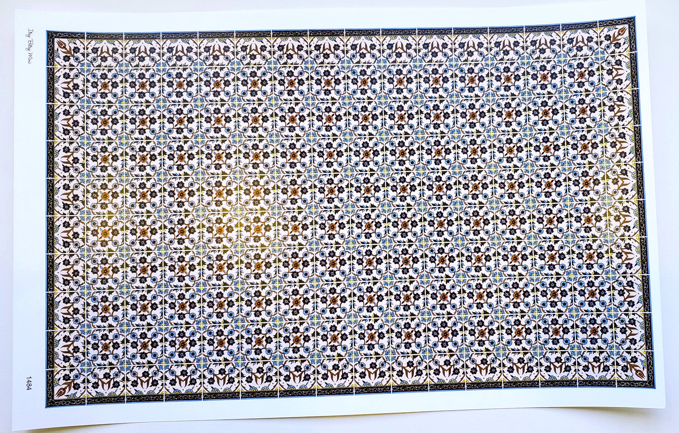 Dollhouse Tile Wallpaper Victorian Blue Green Flowers 1:12 Scale Itsy Bitsy - Image 2