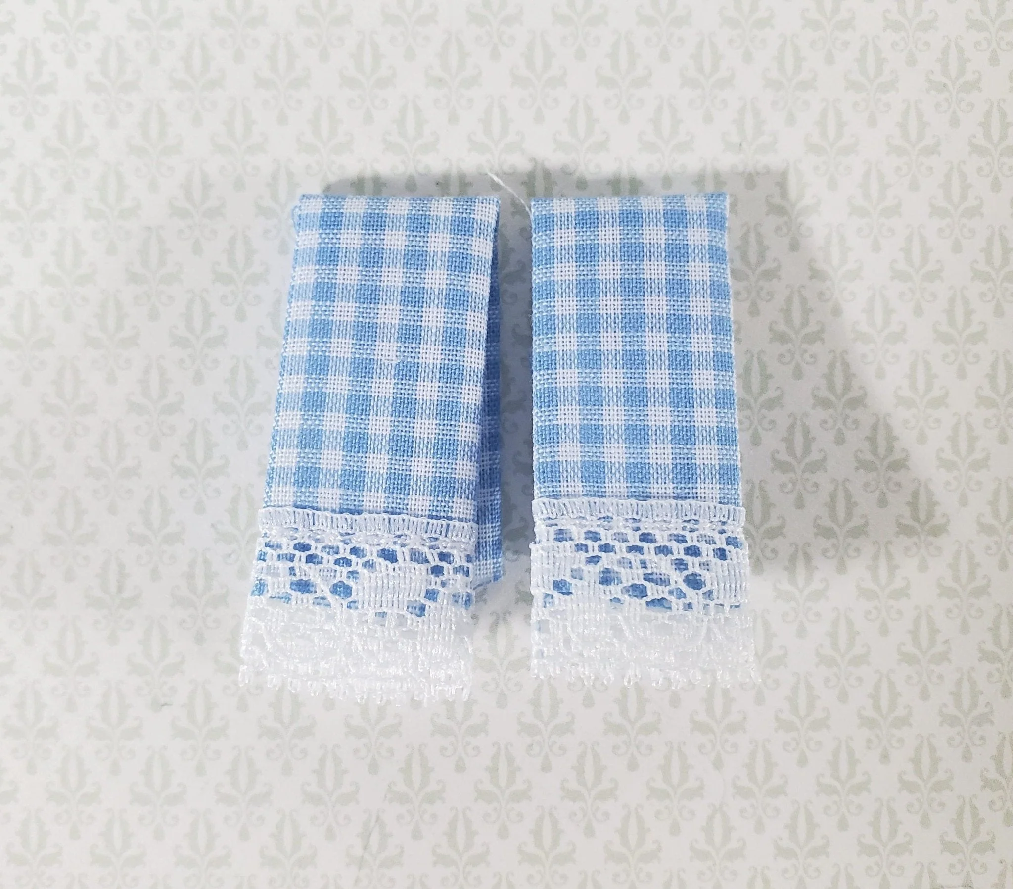 Dollhouse Towels with Lace Blue White Gingham Handmade 1:12 Scale Miniature for Kitchen