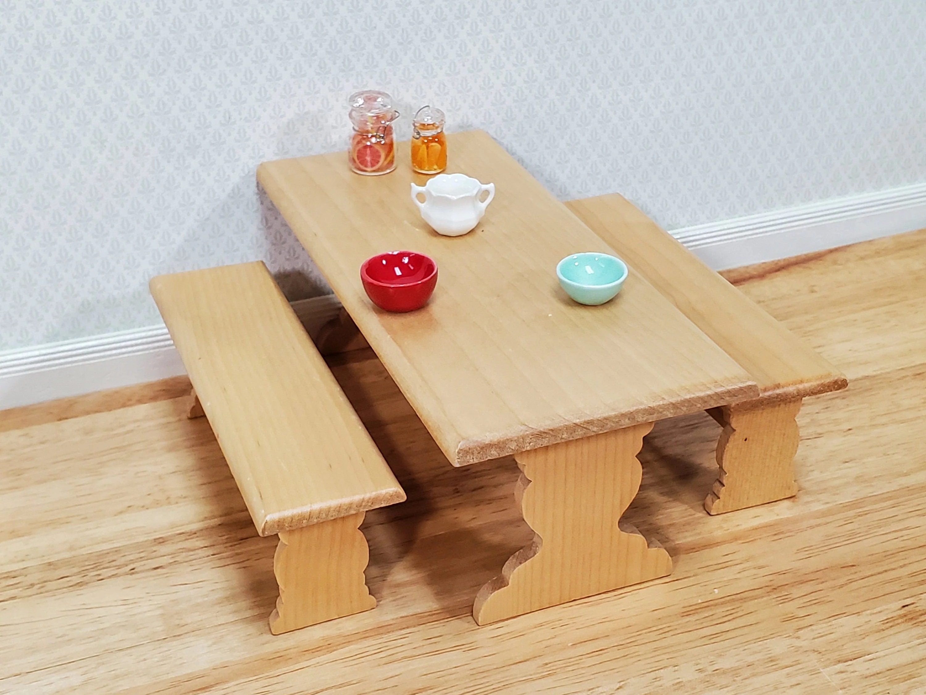 Dollhouse Trestle Table with 2 Benches 1:12 Scale Miniature Wood Furniture Kitchen - Image 4