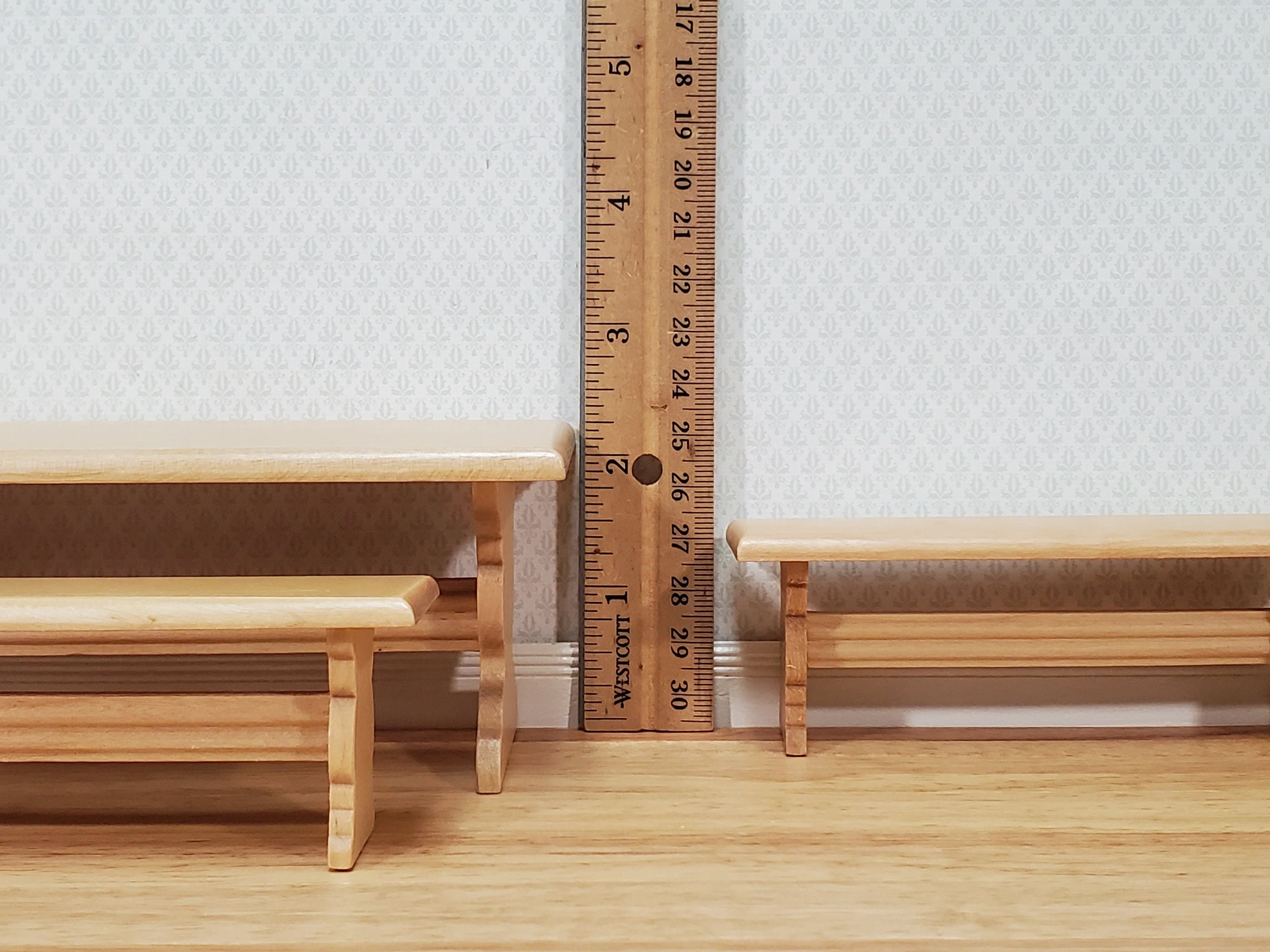 Dollhouse Trestle Table with 2 Benches 1:12 Scale Miniature Wood Furniture Kitchen - Image 6