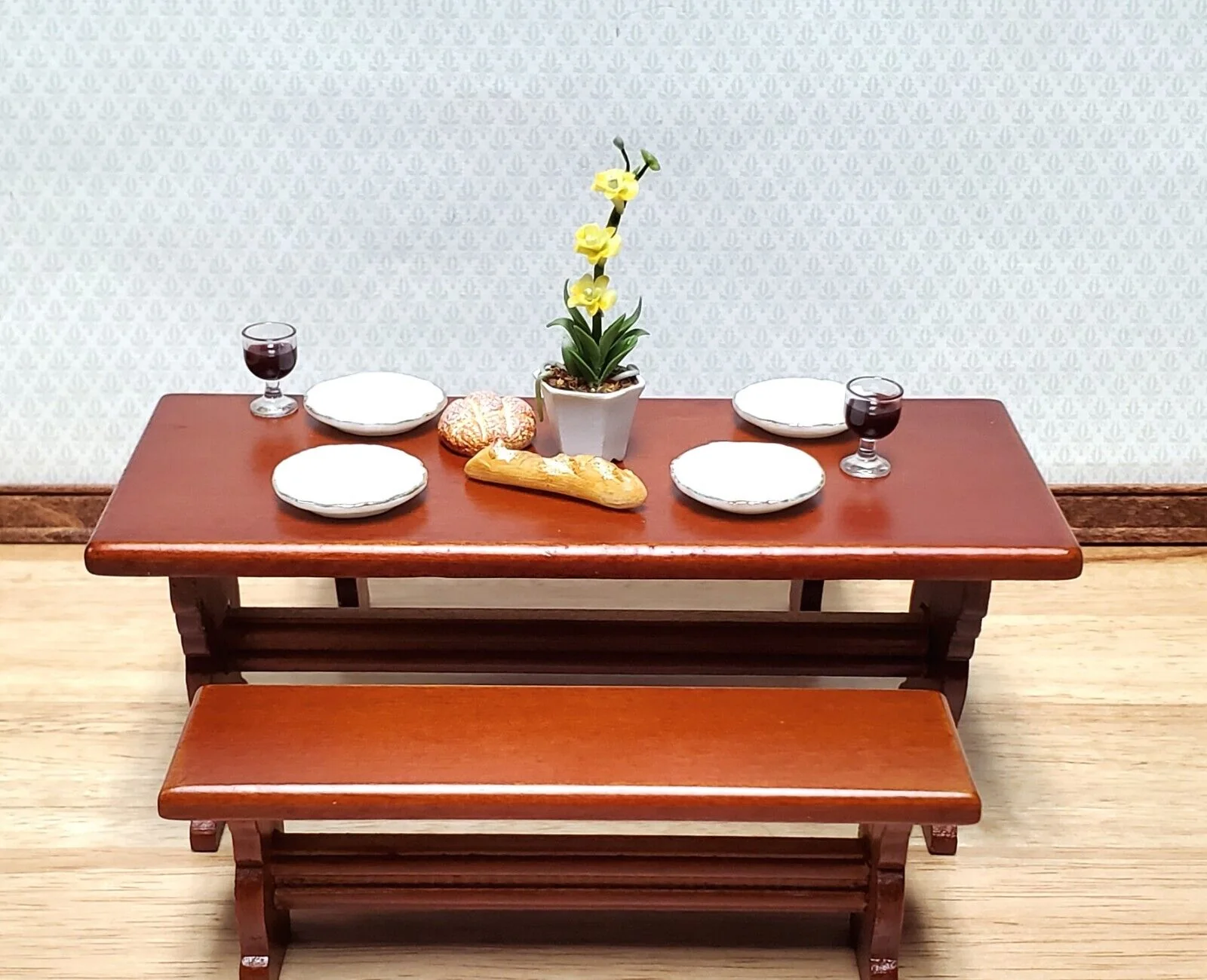 Dollhouse Trestle Table with 2 Benches Tudor Gothic 1:12 Scale Miniature Wood Furniture - Image 3