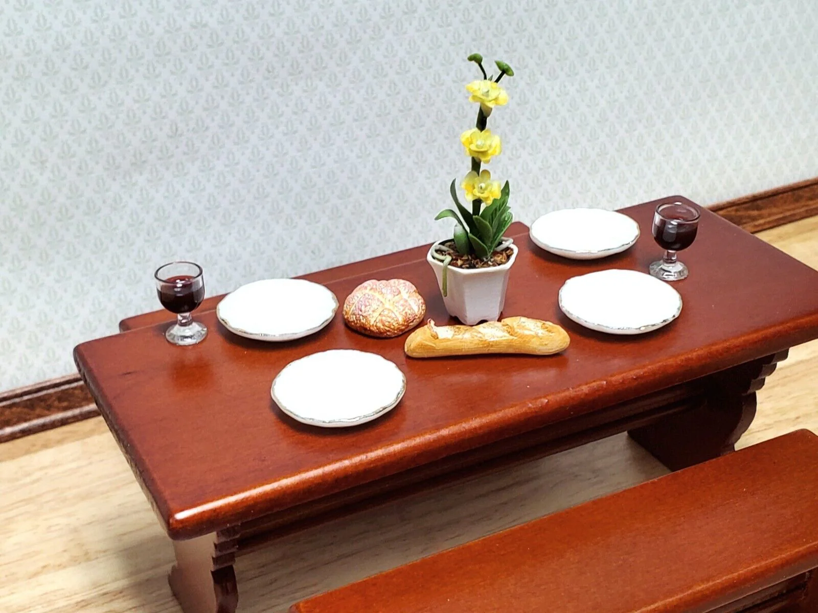 Dollhouse Trestle Table with 2 Benches Tudor Gothic 1:12 Scale Miniature Wood Furniture - Image 4