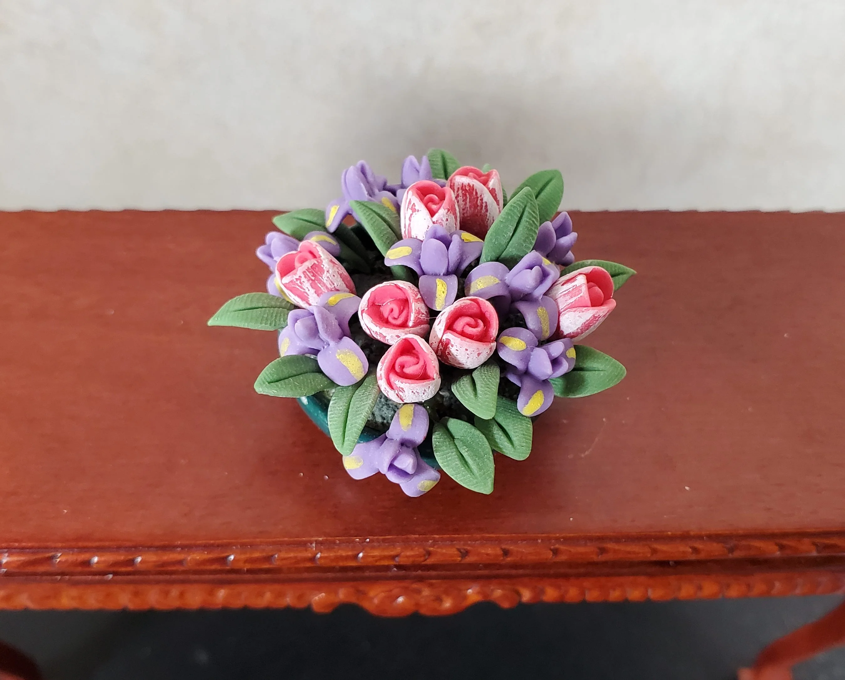 Dollhouse Tulips and Iris Arrangement in a Dark Green Bowl 1:12 Scale Miniature