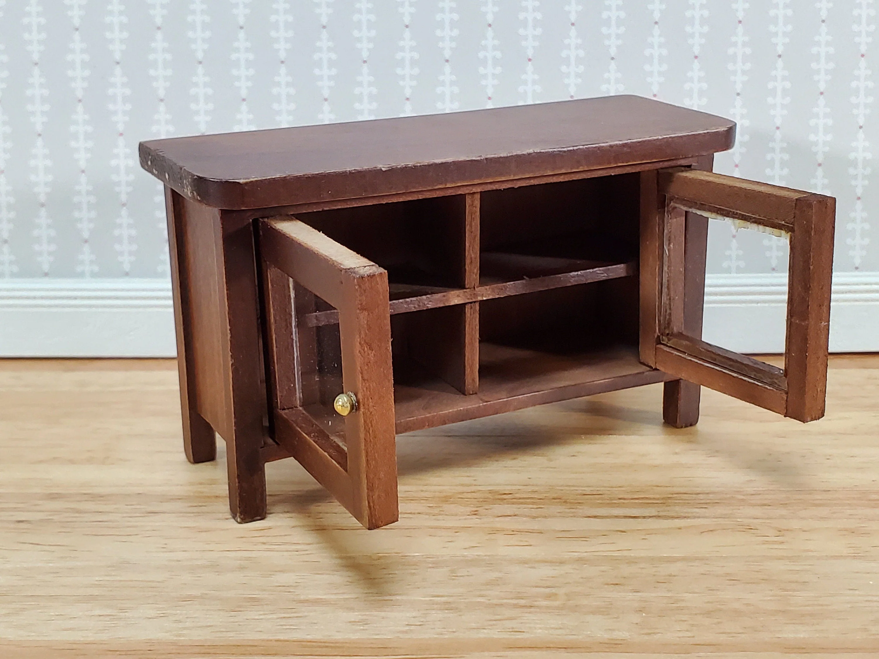 Dollhouse TV Media Stand Low Cabinet Modern Style Walnut Finish 1:12 Scale Miniature Furniture - Image 2