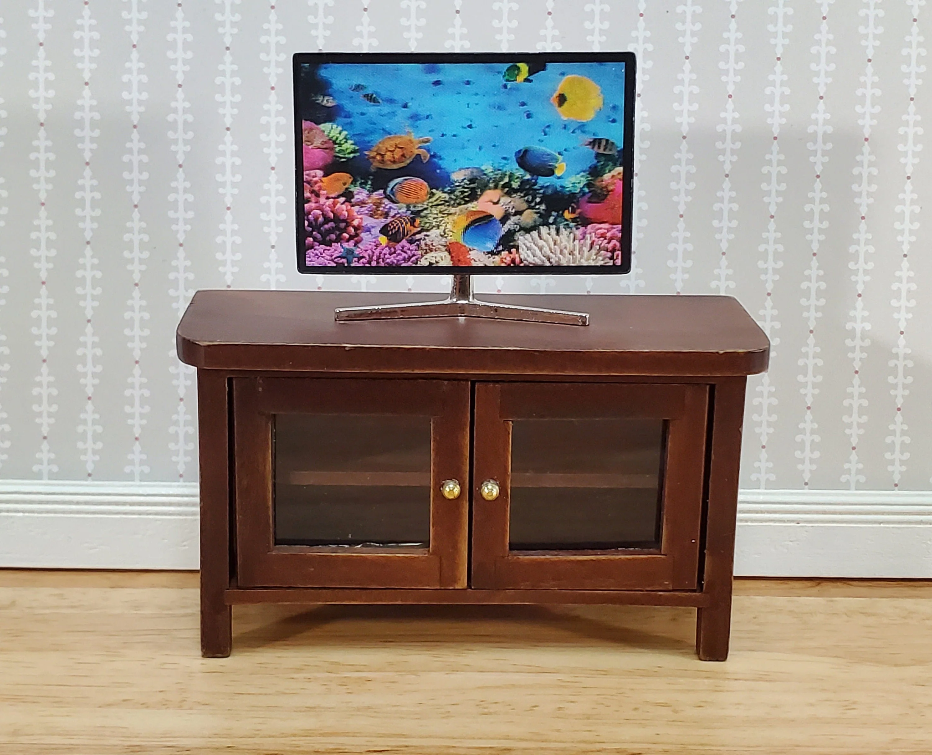 Dollhouse TV Media Stand Low Cabinet Modern Style Walnut Finish 1:12 Scale Miniature Furniture - Image 3
