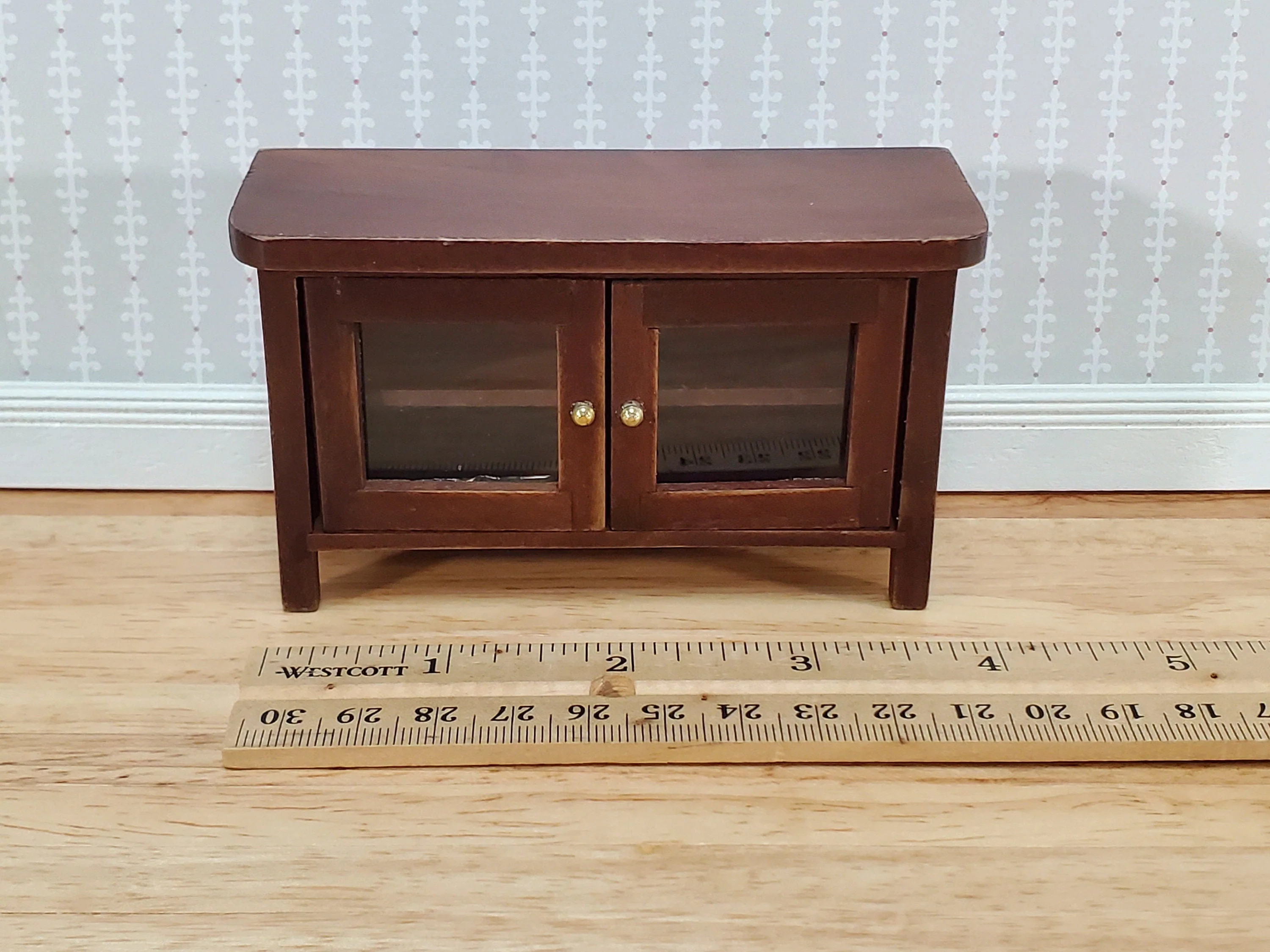 Dollhouse TV Media Stand Low Cabinet Modern Style Walnut Finish 1:12 Scale Miniature Furniture - Image 4