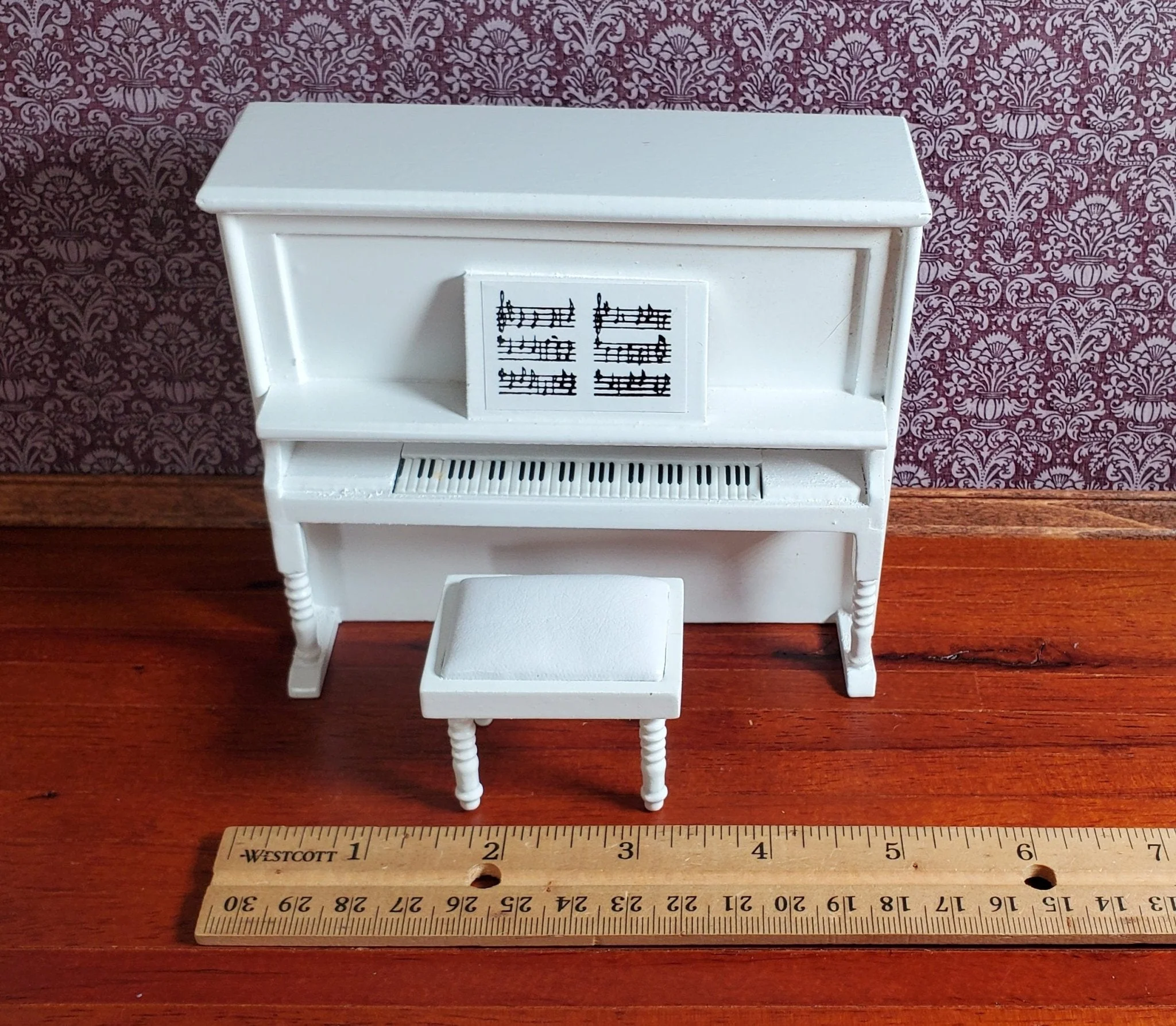 Dollhouse Upright Piano with Bench Seat White Wood 1:12 Scale Miniature - Image 4