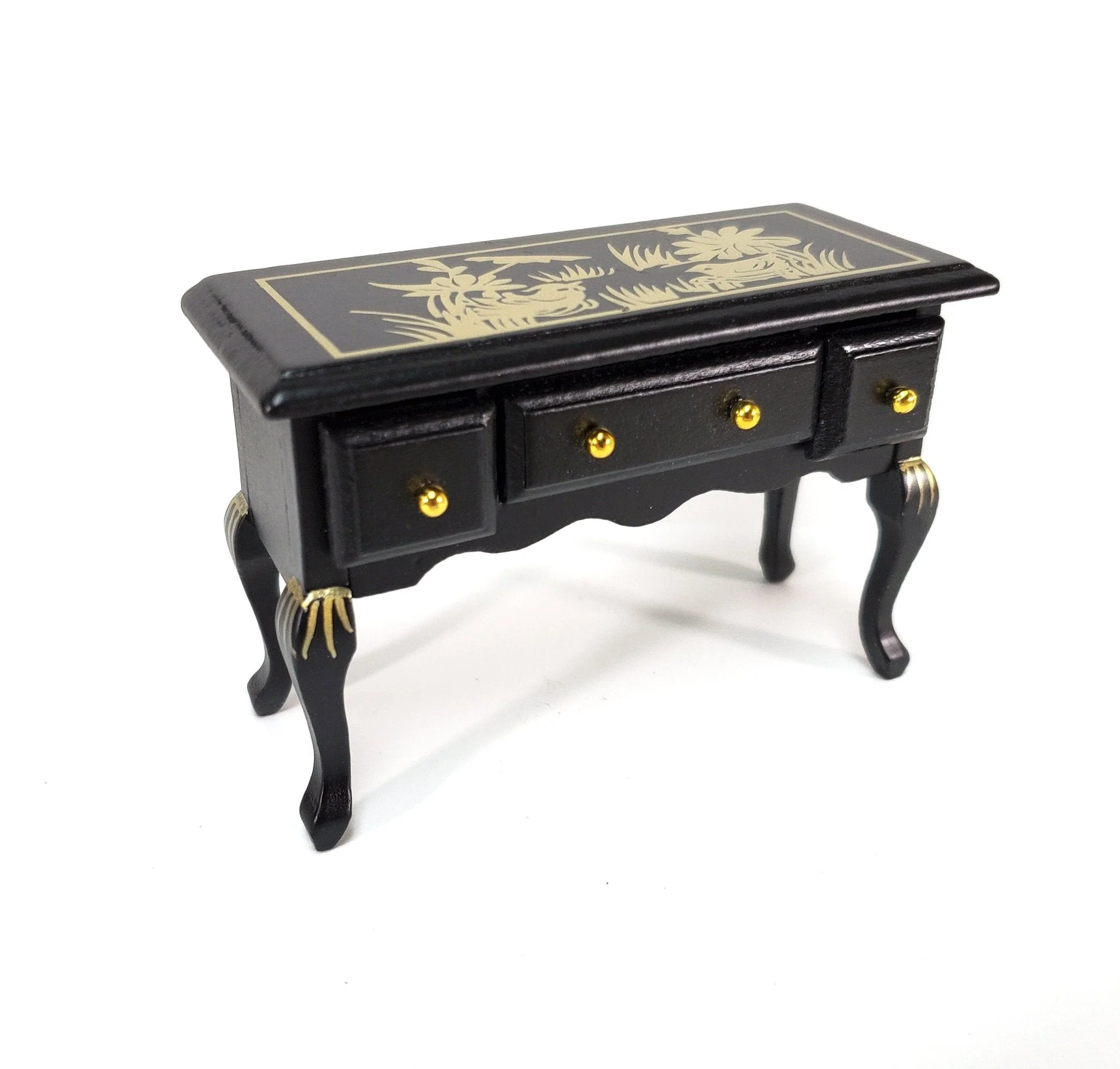 Dollhouse Vanity Desk with Drawers Wood Black Finish Asian Design 1:12 Scale Furniture