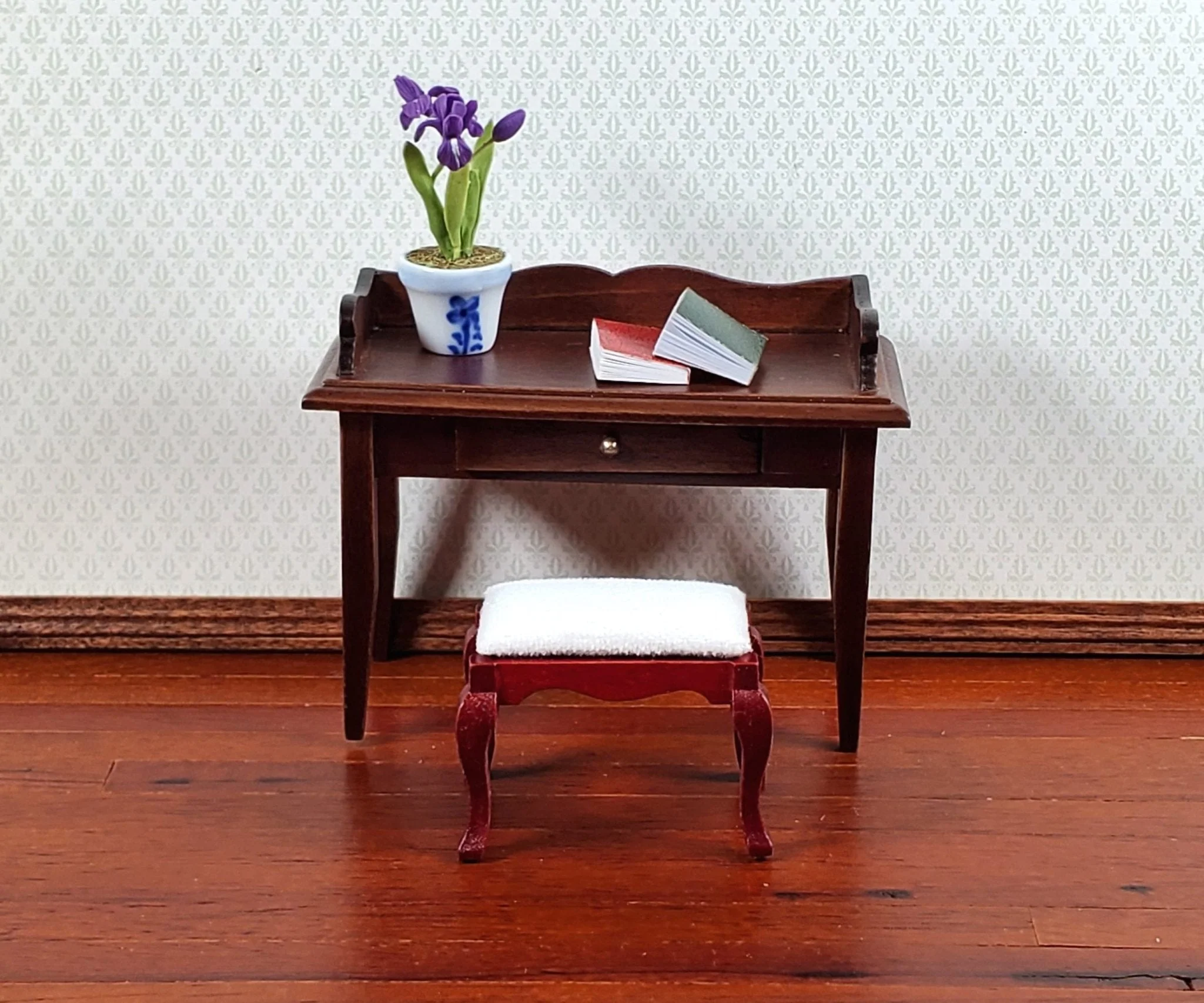 Dollhouse Vanity Stool Bench Mahogany Finish Fabric Seat 1:12 Scale Miniature Furniture - Image 3