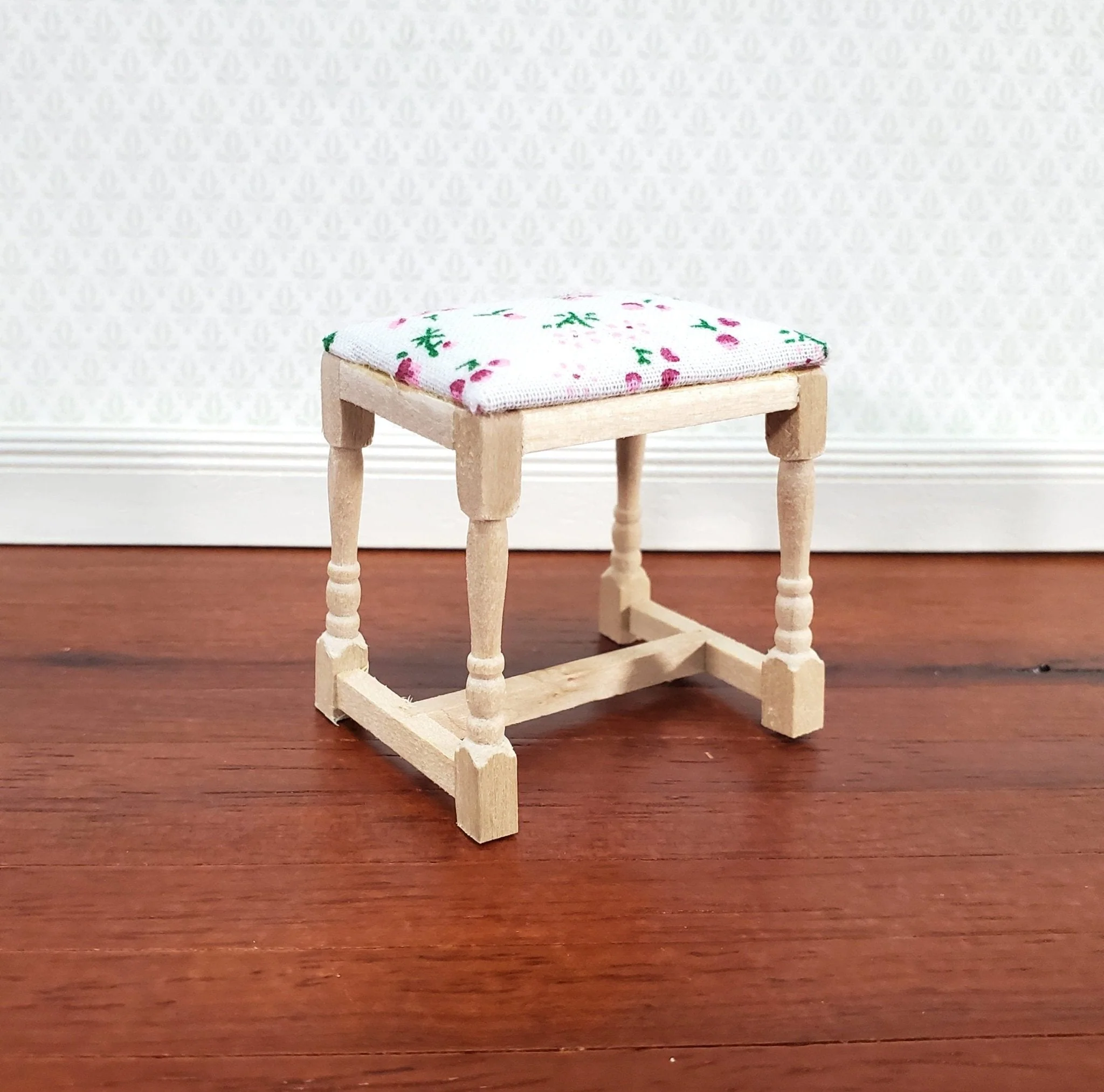 Dollhouse Vanity Stool Bench Unpainted Wood Fabric Seat 1:12 Scale Miniature Furniture