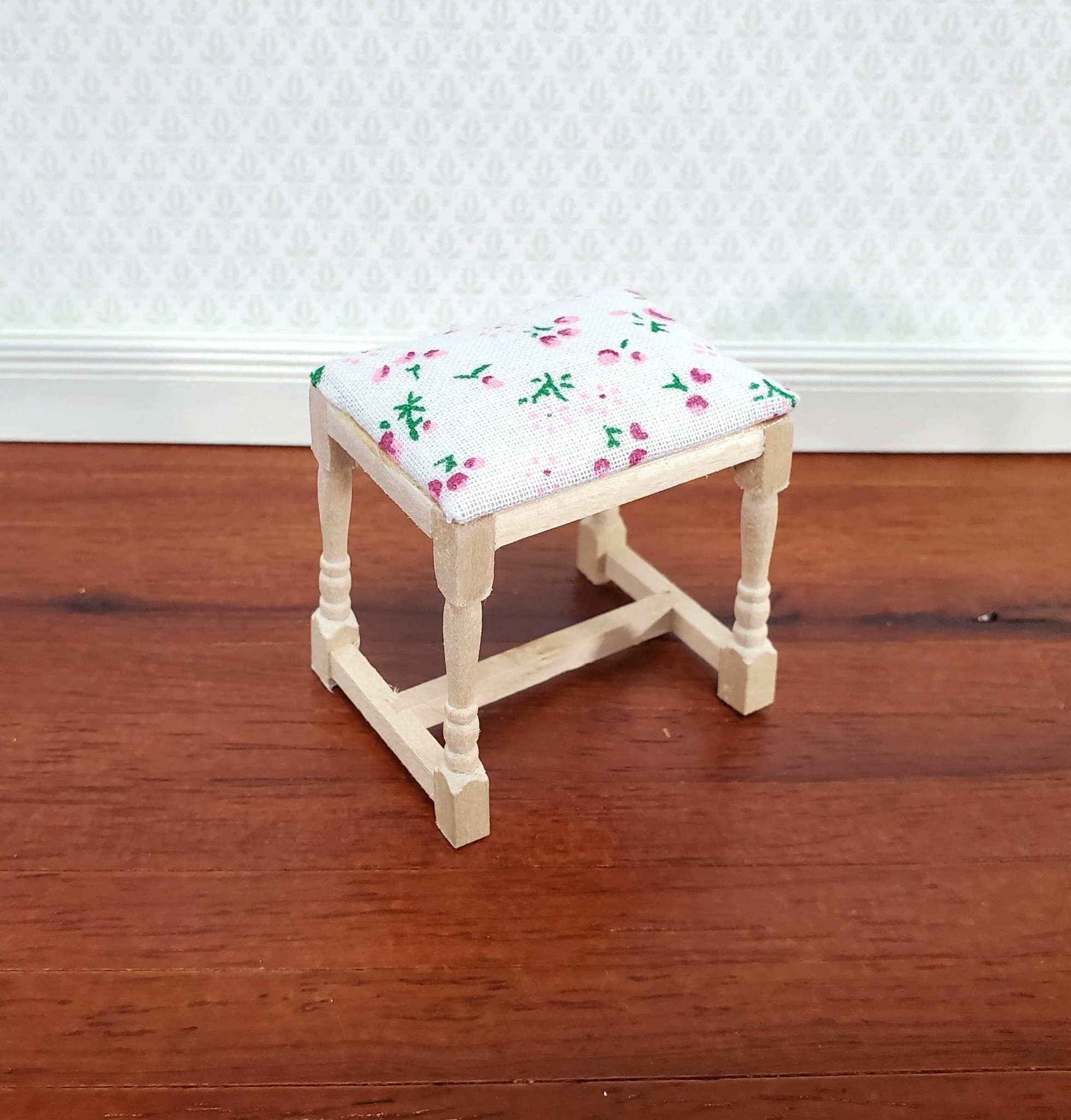 Dollhouse Vanity Stool Bench Unpainted Wood Fabric Seat 1:12 Scale Miniature Furniture - Image 2