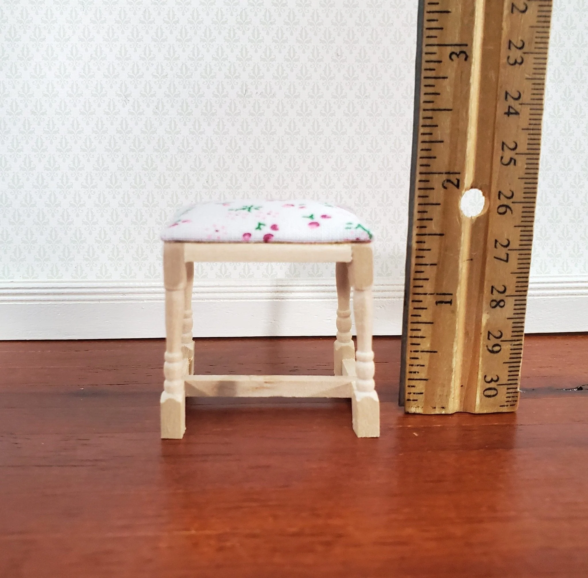 Dollhouse Vanity Stool Bench Unpainted Wood Fabric Seat 1:12 Scale Miniature Furniture - Image 3
