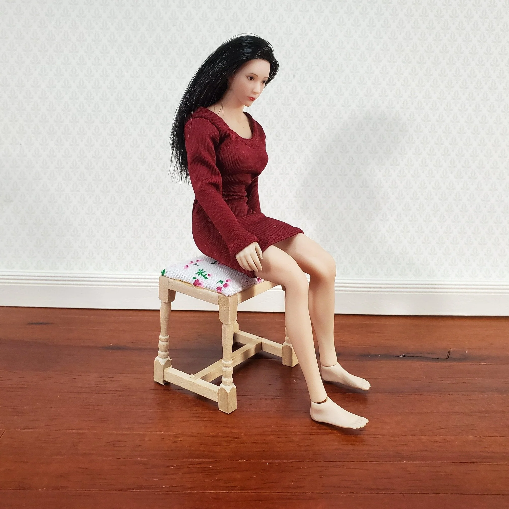 Dollhouse Vanity Stool Bench Unpainted Wood Fabric Seat 1:12 Scale Miniature Furniture - Image 4