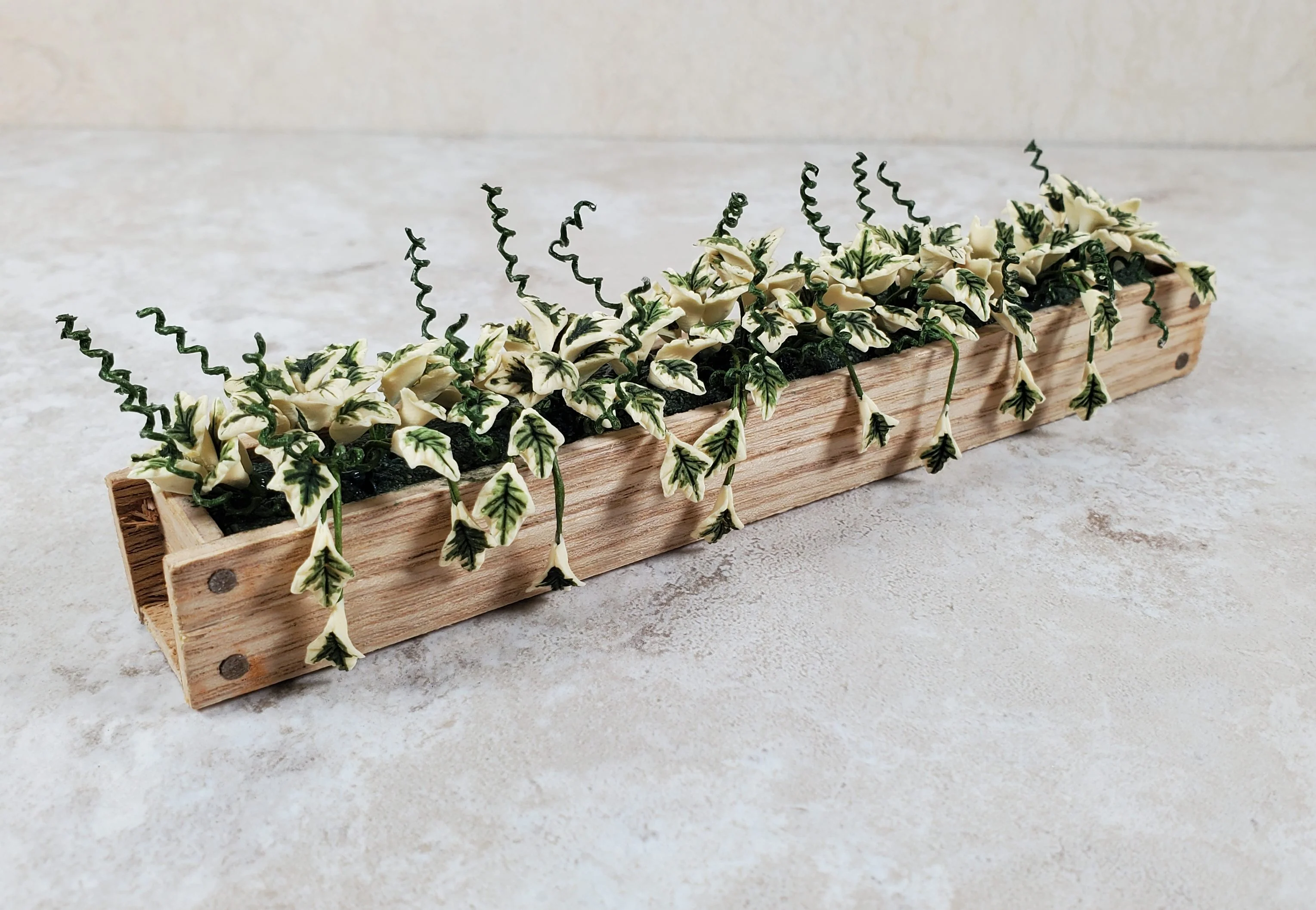 Dollhouse Variegated Ivy in 5.5" Wooden Window Box Planter 1:12 Scale Miniature - Image 2