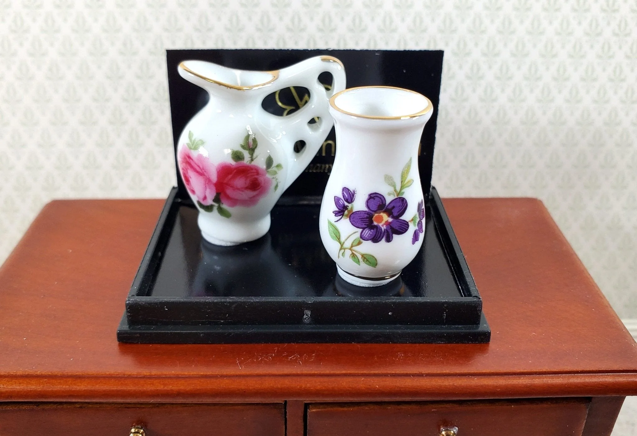 Dollhouse Vase and Pitcher Reutter Porcelain Floral Design 1:12 Scale Miniatures