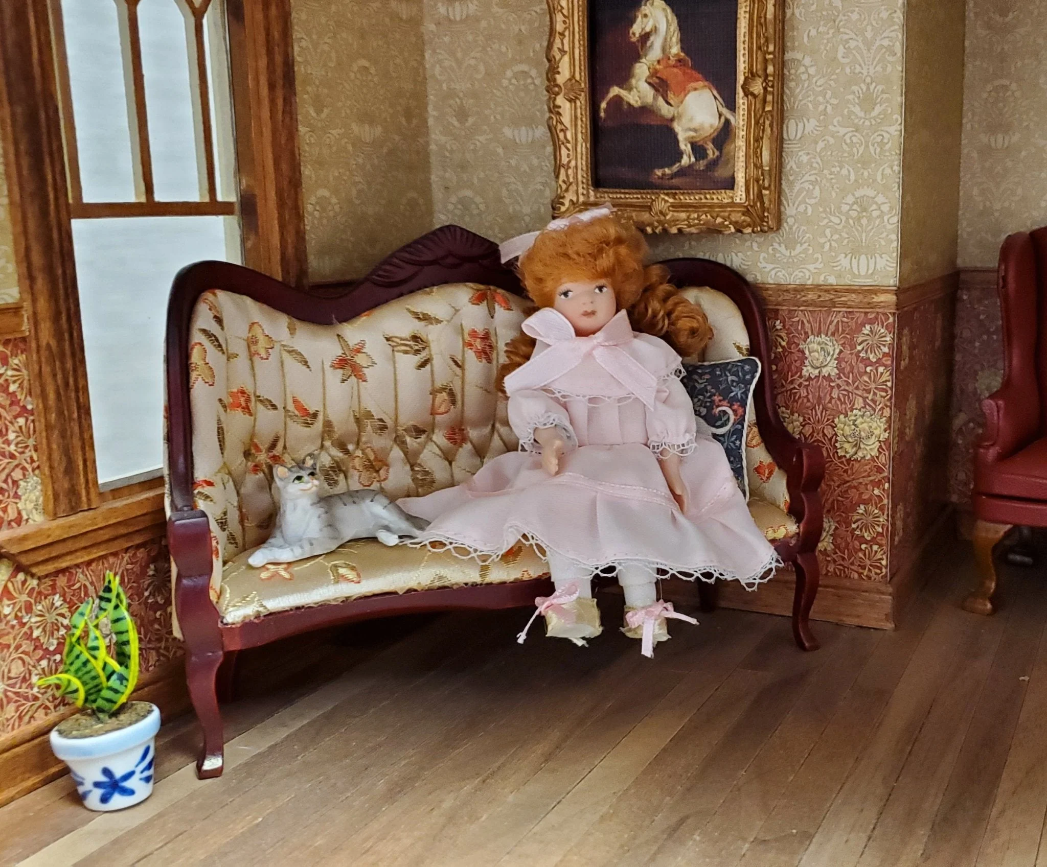 Dollhouse Victorian Girl Doll Fancy Pink Dress Porcelain Poseable 1:12 Scale - Image 3