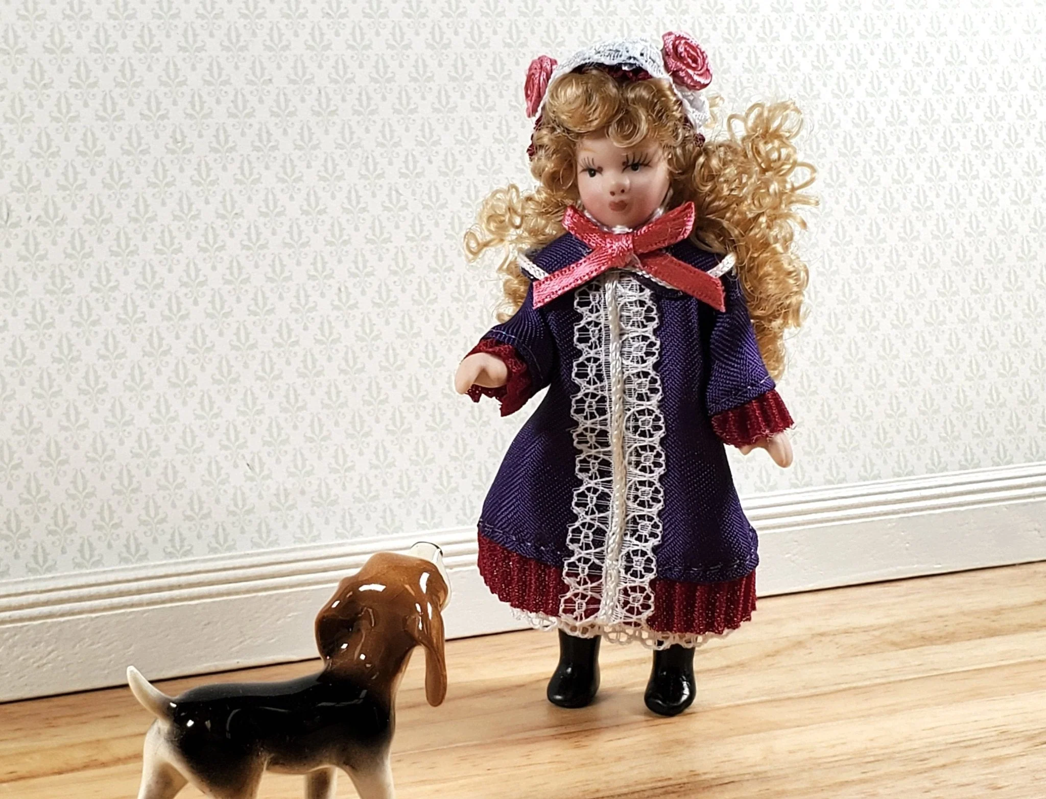 Dollhouse Victorian Girl Doll Purple Dress Porcelain Poseable 1:12 Scale - Image 3