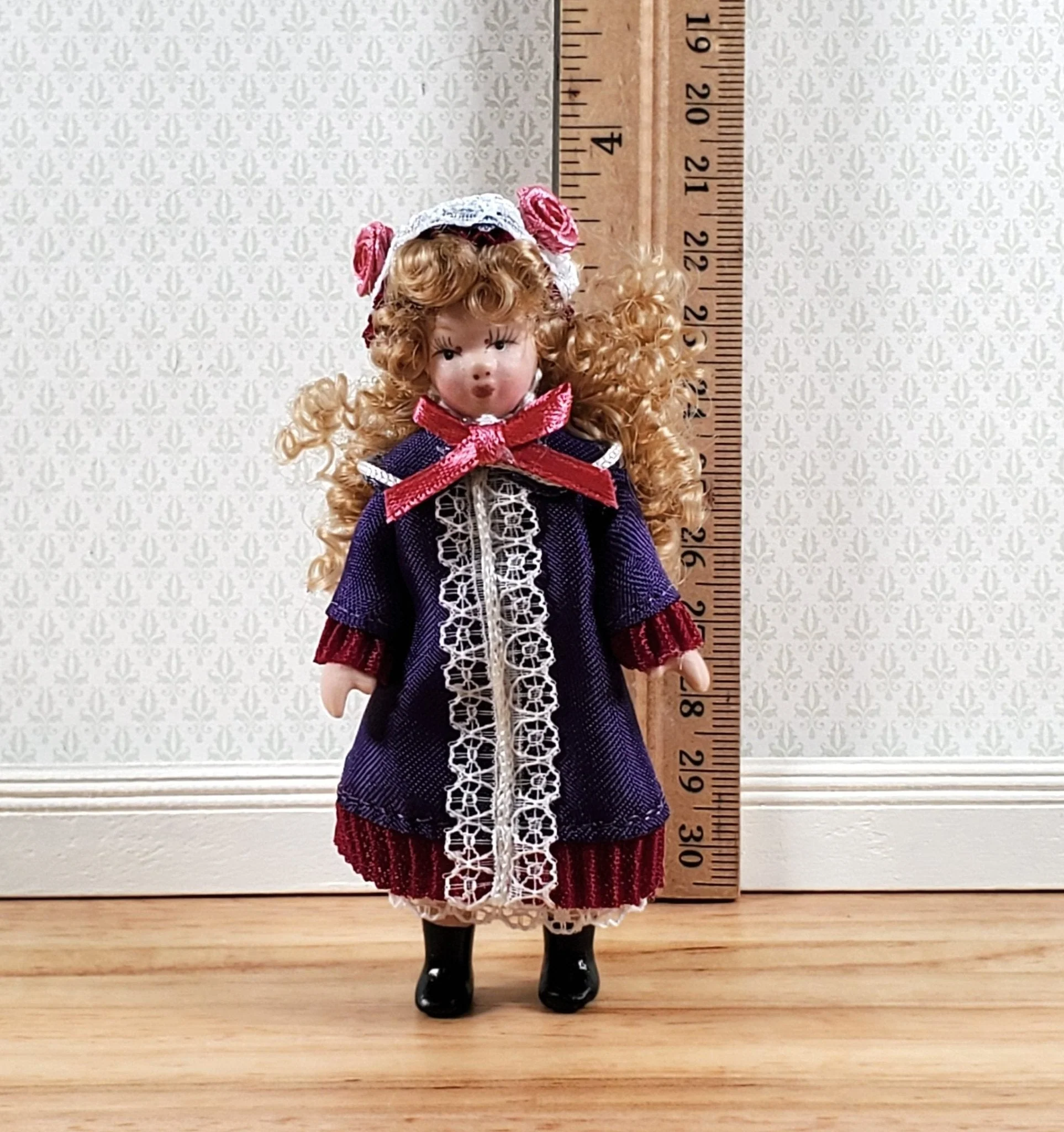 Dollhouse Victorian Girl Doll Purple Dress Porcelain Poseable 1:12 Scale - Image 4
