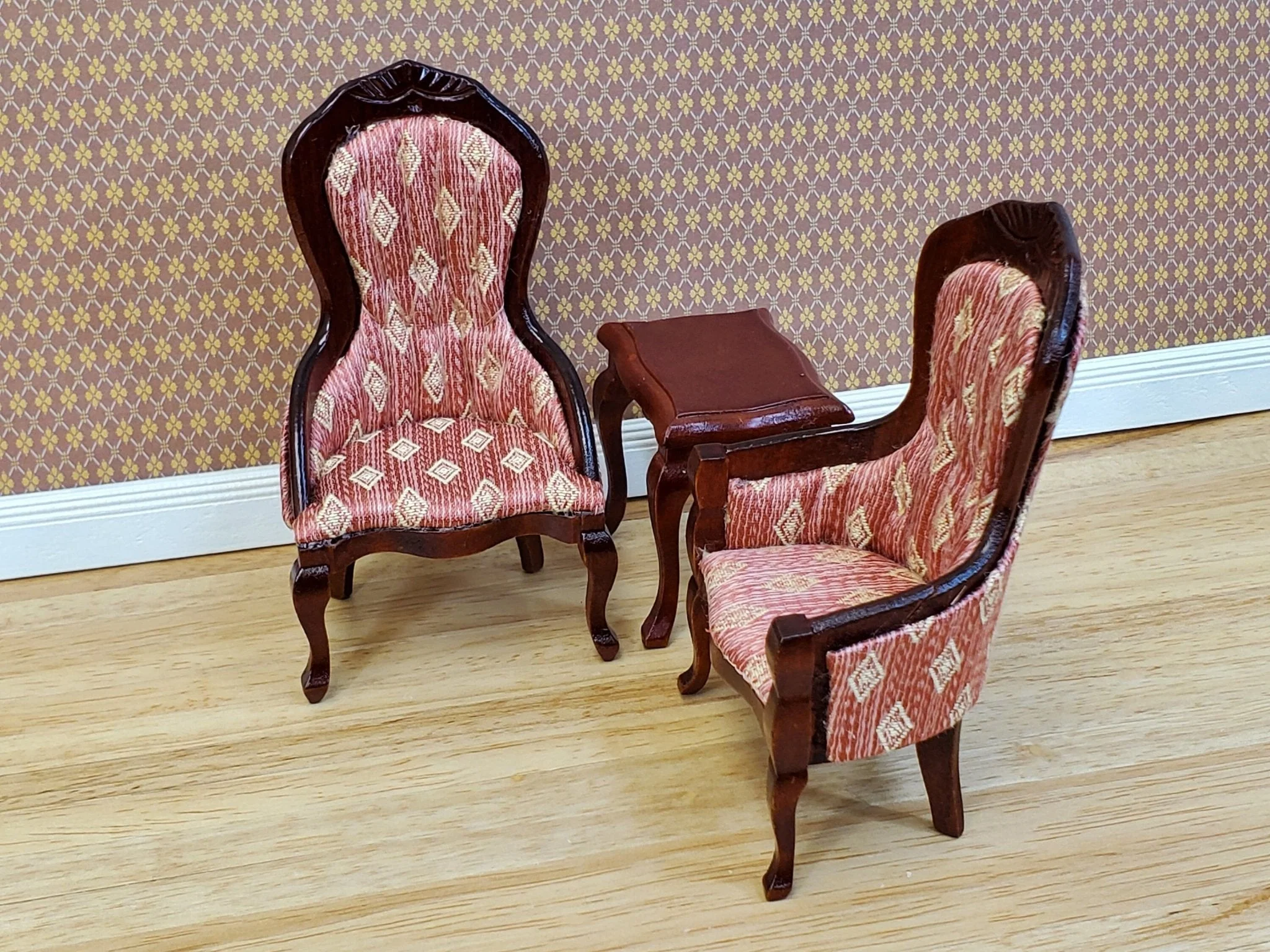 Dollhouse Victorian Living Room Set Sofa Chairs Tables 1:12 Scale Furniture Dark Pink - Image 4