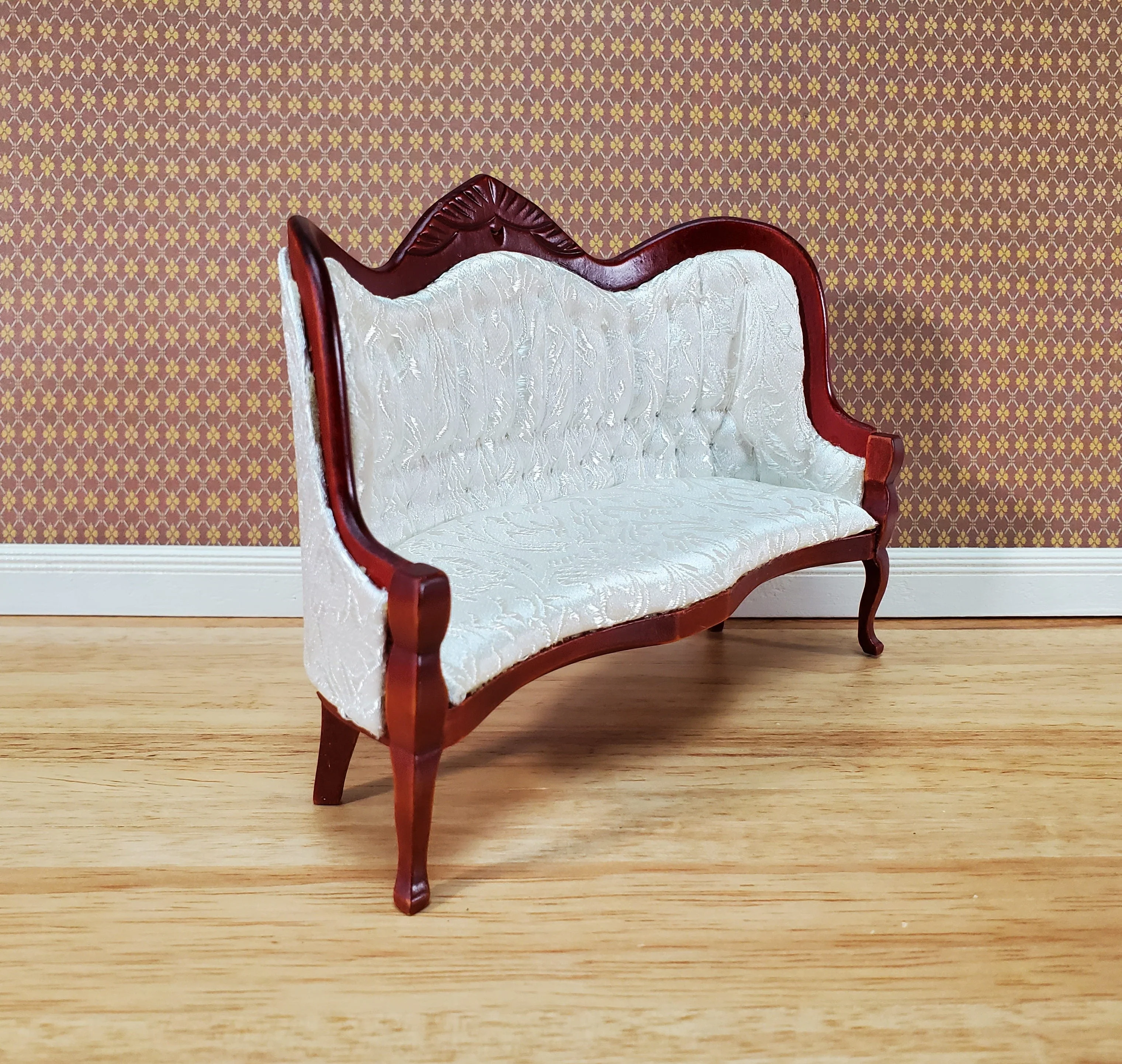 Dollhouse Victorian Sofa Couch White 1:12 Scale Miniature Furniture Mahogany Finish - Image 2