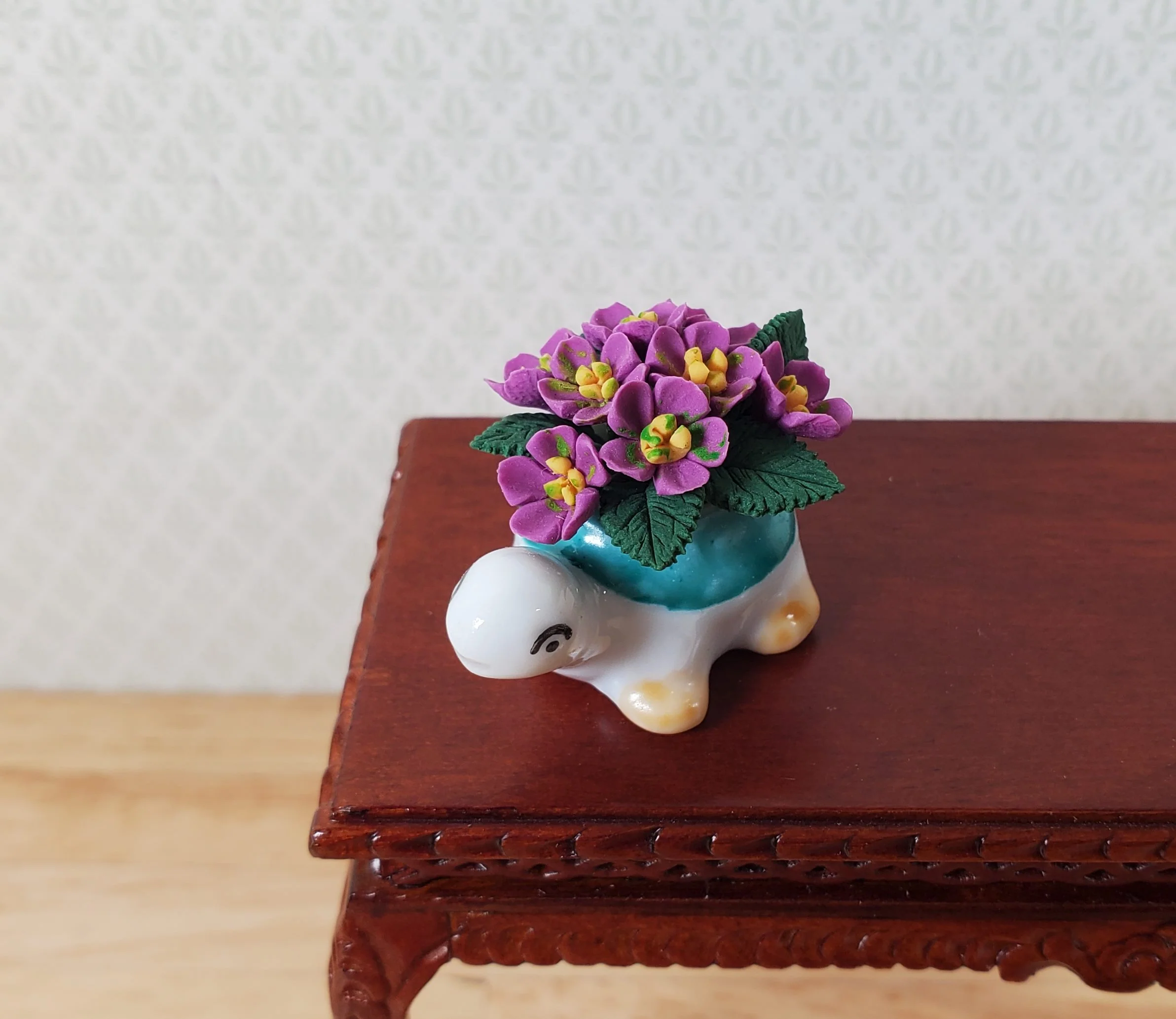 Dollhouse Violet Flowers in a Green Turtle Planter Pot 1:12 Scale Miniature