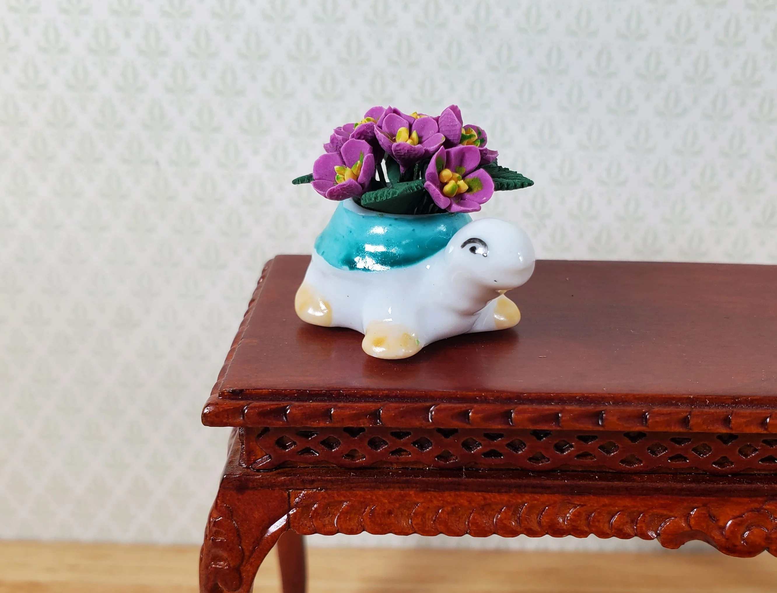 Dollhouse Violet Flowers in a Green Turtle Planter Pot 1:12 Scale Miniature - Image 2