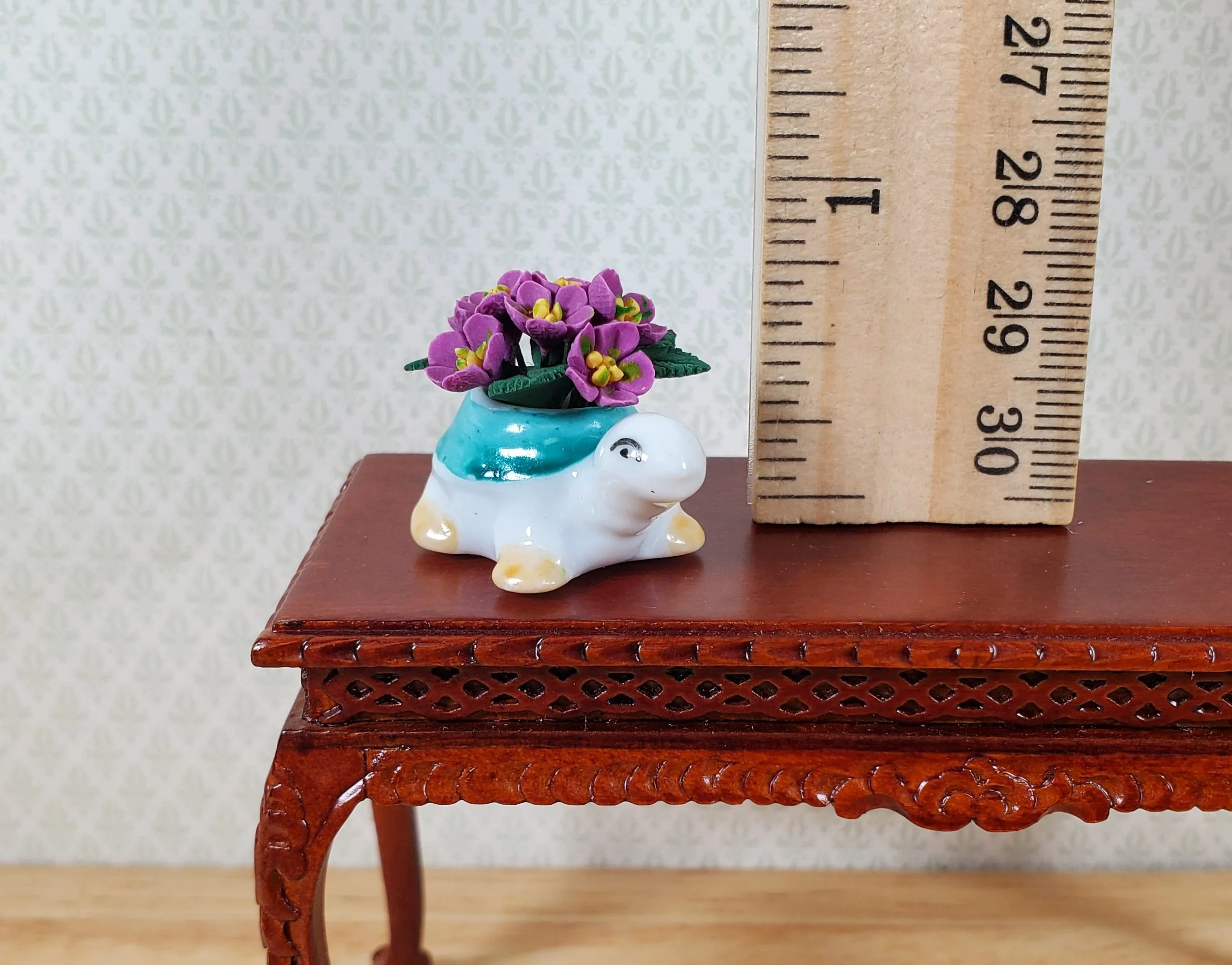 Dollhouse Violet Flowers in a Green Turtle Planter Pot 1:12 Scale Miniature - Image 3