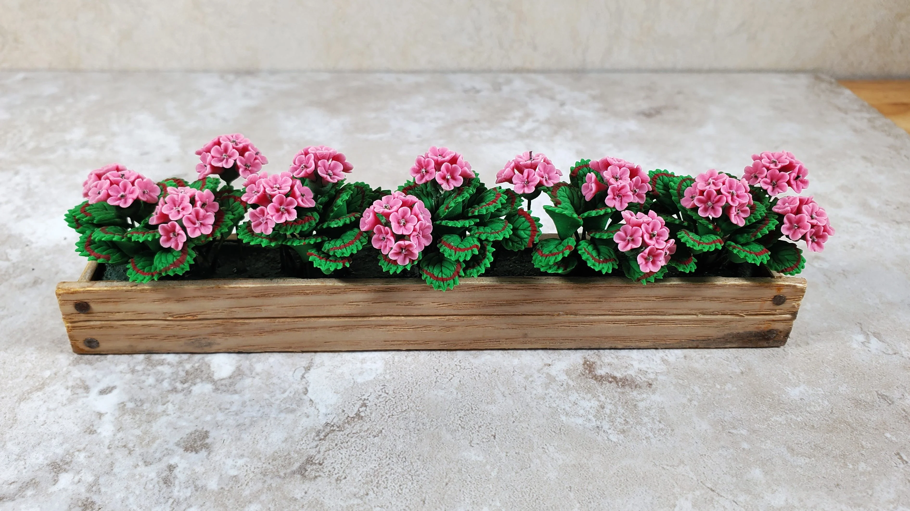 Dollhouse Pink Geraniums in 5.5" Wooden Window Box Planter 1:12 Scale Miniature