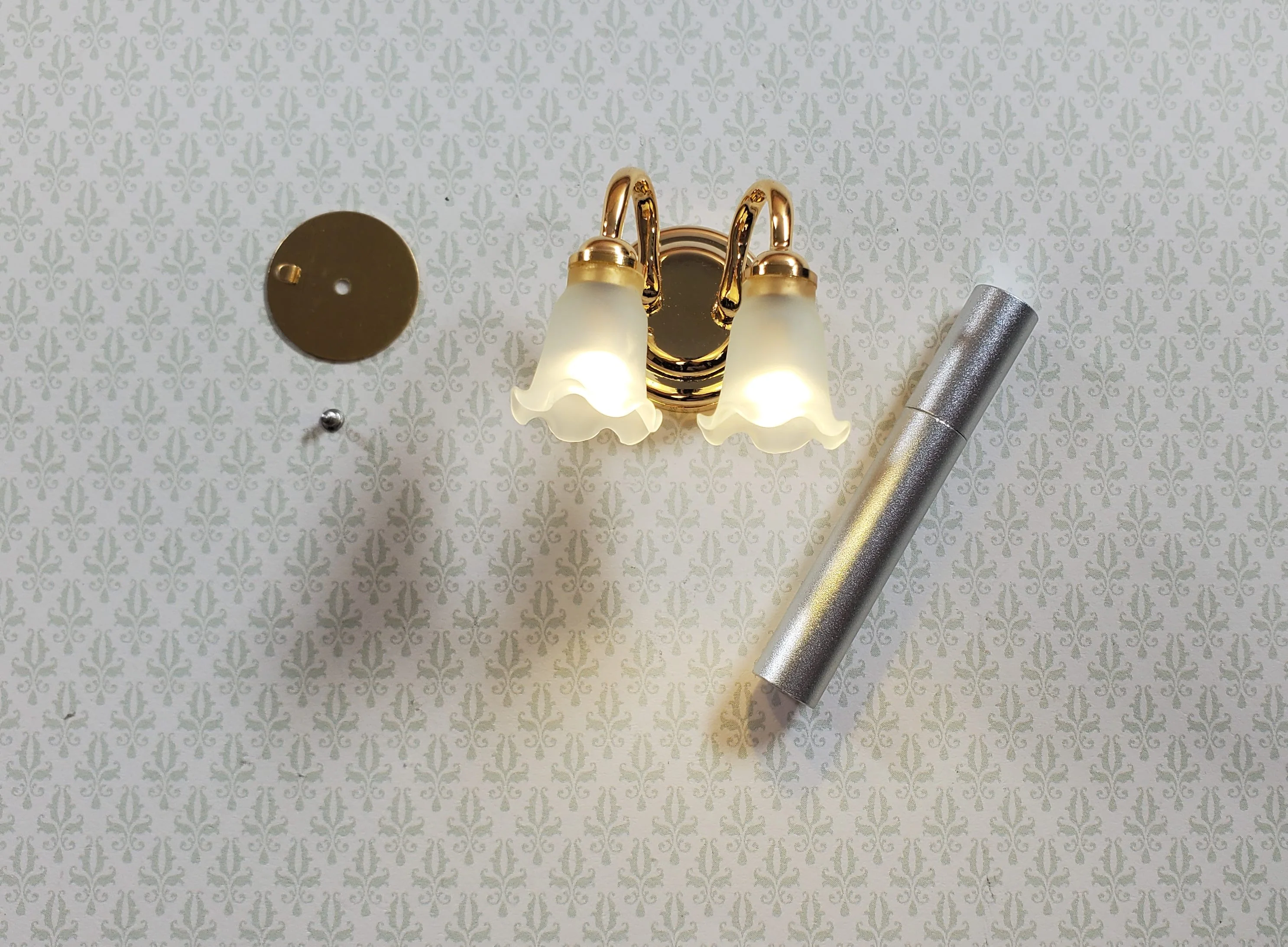 Dollhouse Wall Sconce Frosted Flower Shades Wand Light 1:12 Miniature Battery - Image 3
