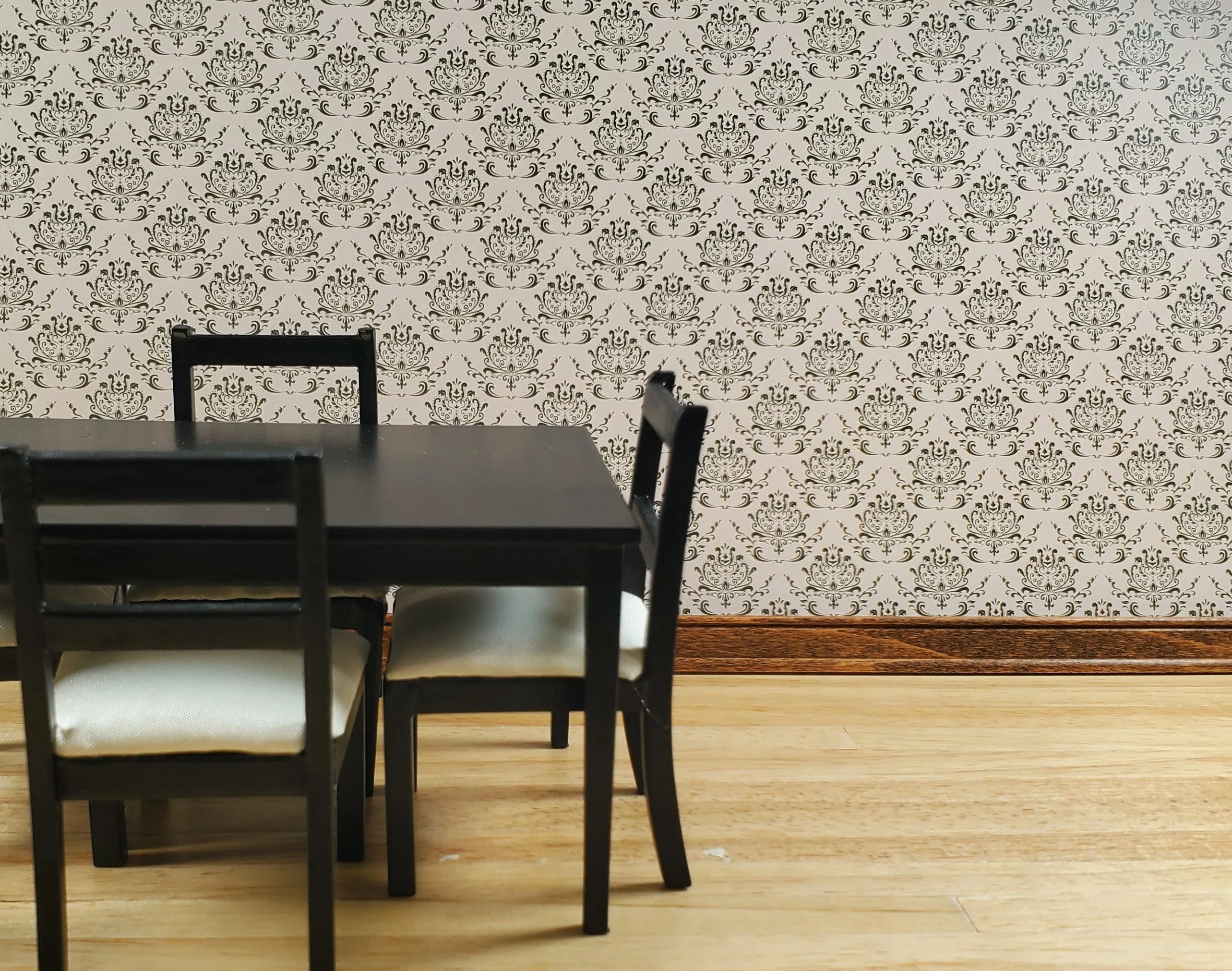 Dollhouse Wallpaper Beige Dark Green Damask 3 Sheets 1:12 Scale Miniature - Image 2