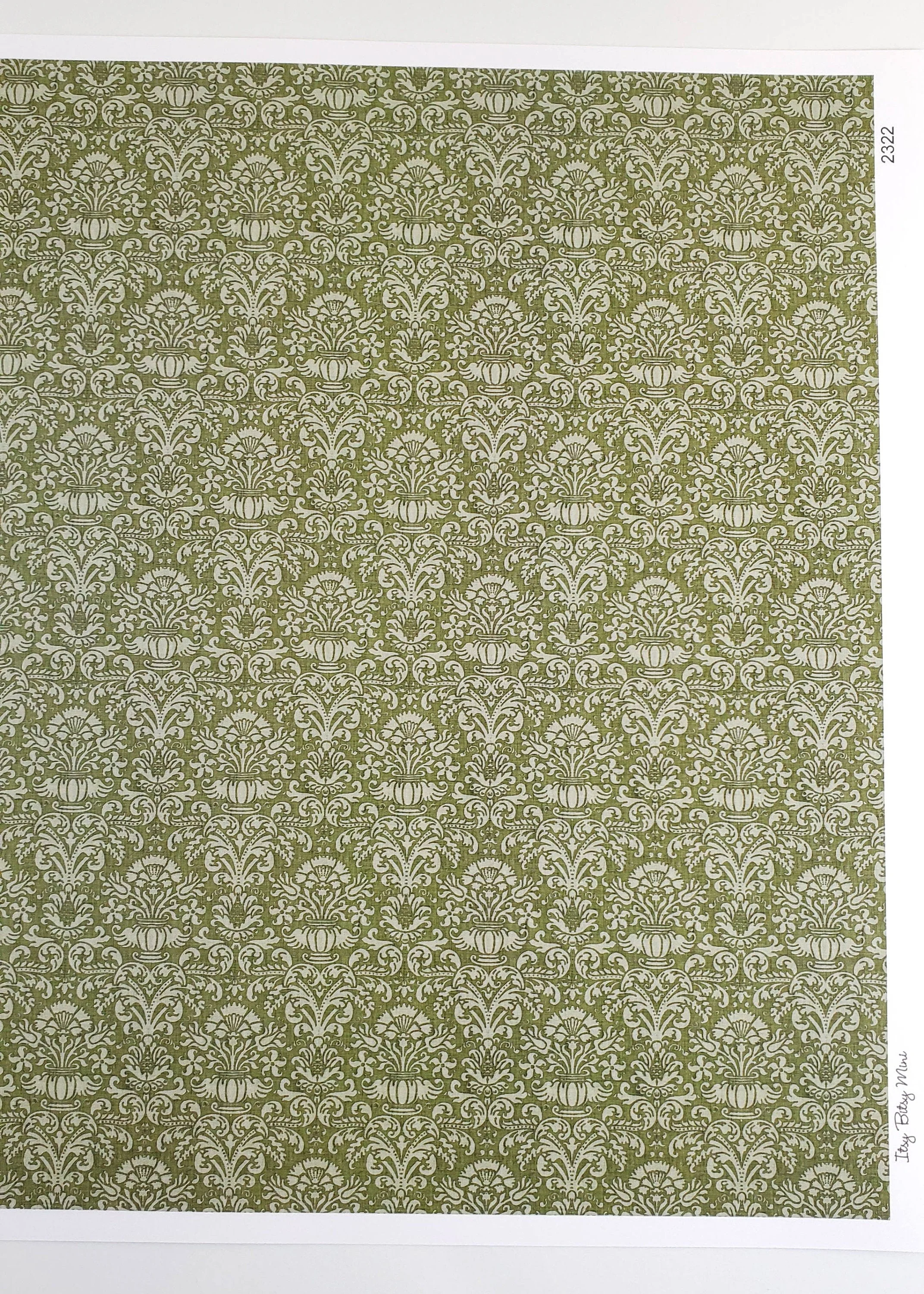 Dollhouse Wallpaper Damask Olive Green Victorian 1:12 Scale Itsy Bitsy Miniatures - Image 4
