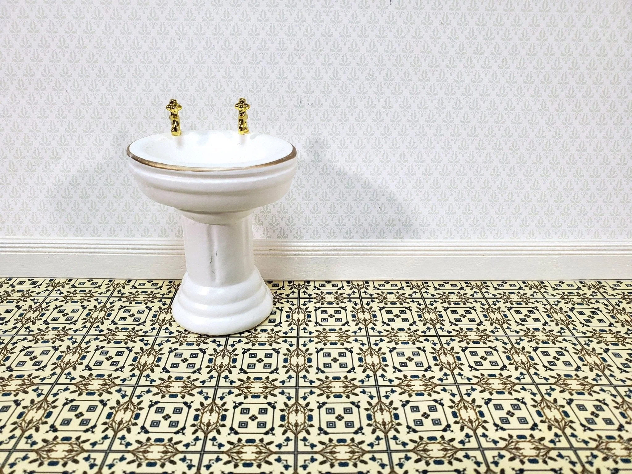 Dollhouse Wallpaper or Floor Tile Cream Brown Blue 1:12 Scale MiniatureCrush Exclusive - Image 2