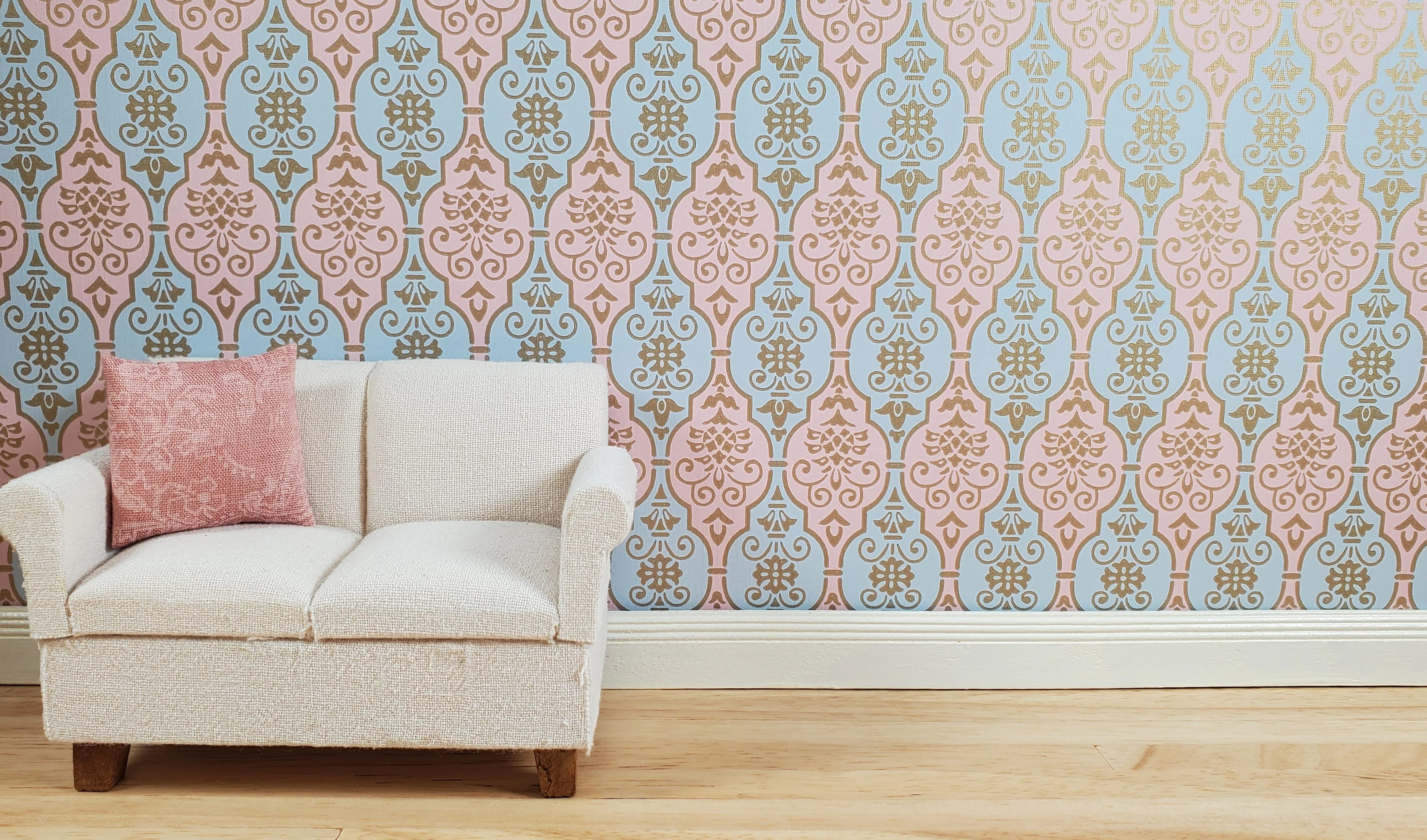 Dollhouse Wallpaper Pink & Blue Fleur Damask 3 Sheets 1:12 Scale Miniature - Image 2